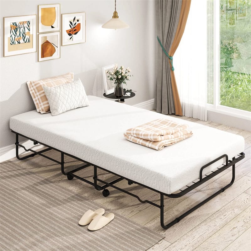 Twin Size Folding Bed with Memory Foam Mattress, Rollaway Guest Bed w/ Heavy-Duty Metal Frame & Lockable Wheels, Portable Space-Saving Bed, 75