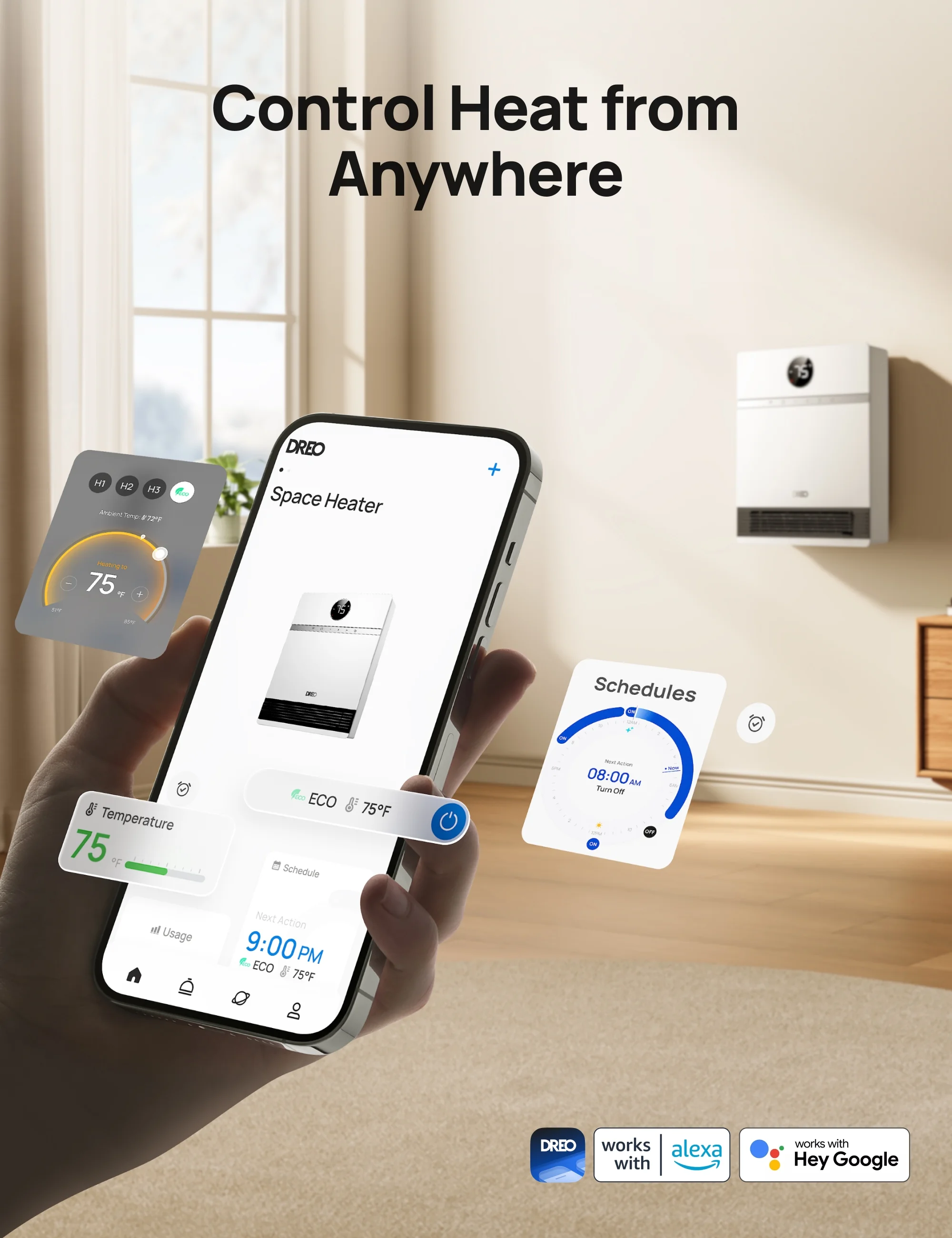 Smart Wall Heater, IP24 Electric PTC Space for Indoor Use, 30 Oscillation, Adjustable Thermostat, Remote Control, Works With Alexa, 24H Timer, Easy Mounted for Bedroom, Office(White/Standard) Image 4