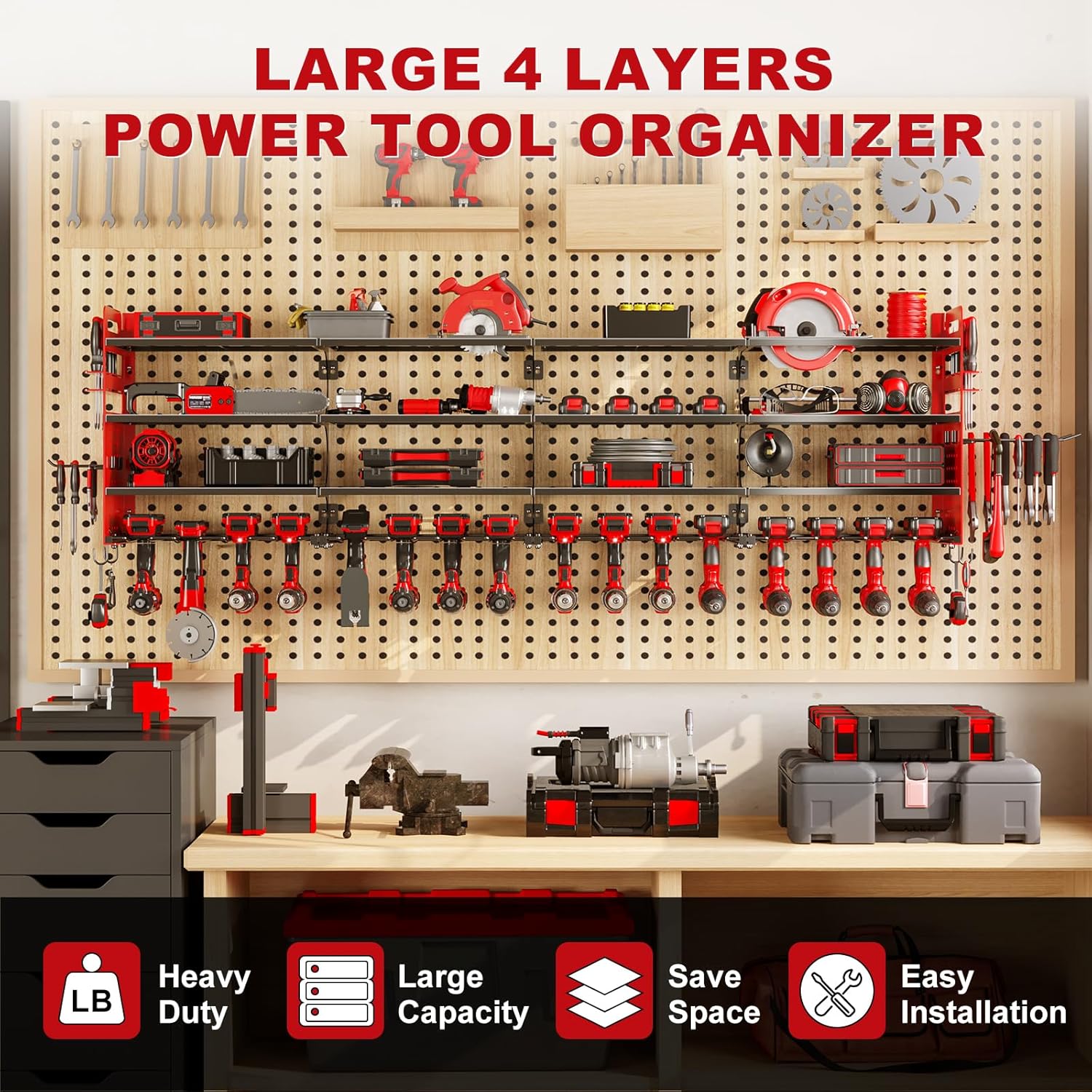 Large Power Tool Organizer Wall Mount, 16 Drill Holders Storage Rack, Red