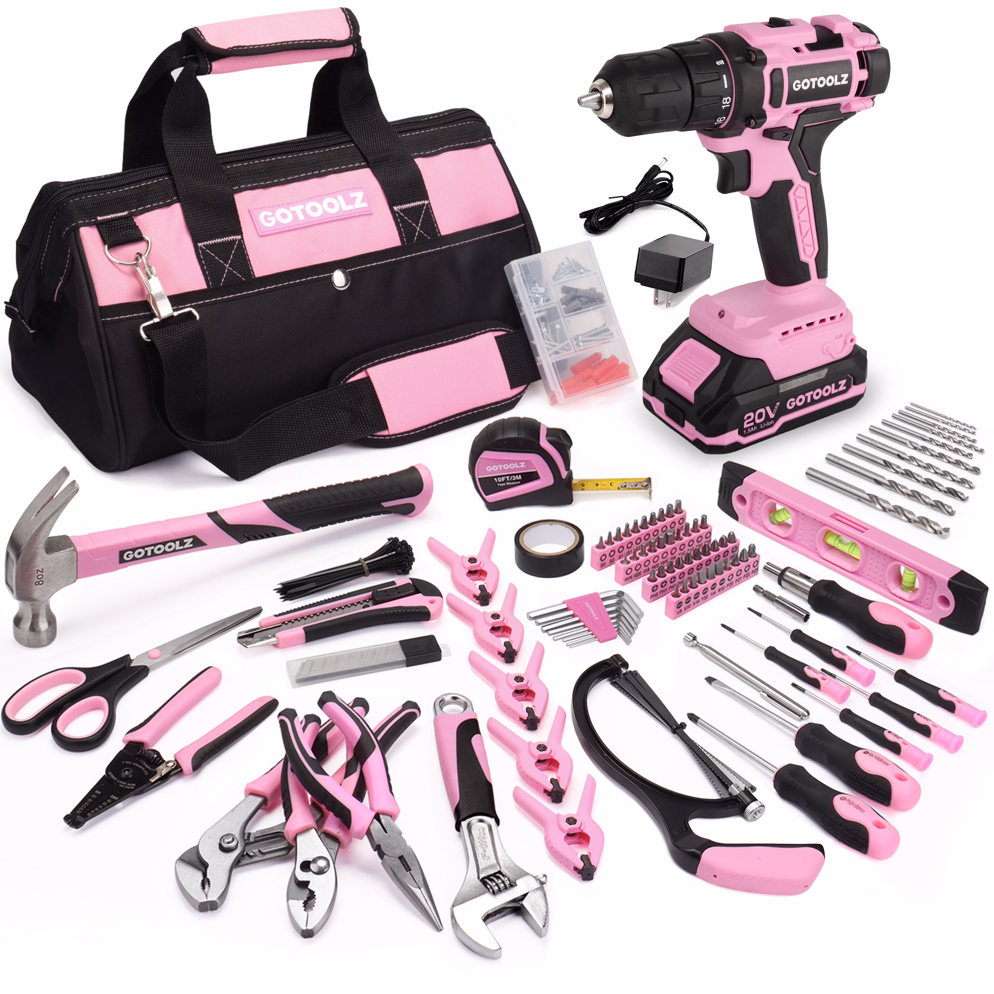 253-Piece 20V Pink Cordless Lithium-ion Drill Driver And Home Tool Set, Lady's Repairing Kit With 12-Inch Wide Mouth Open Storage Bag