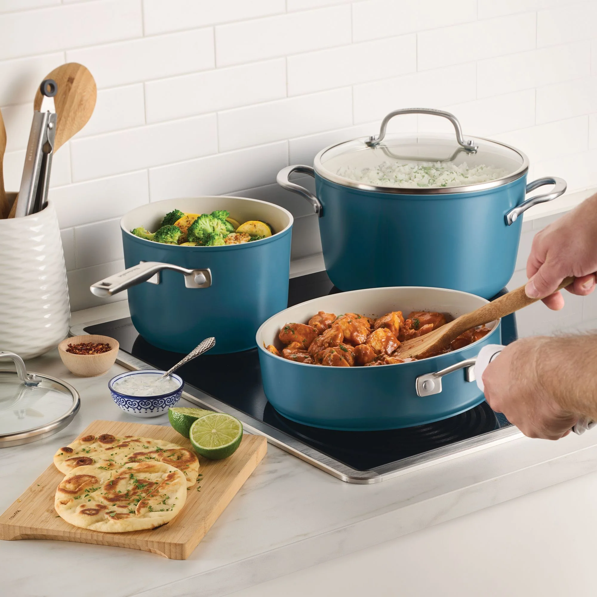 Kitchenaid Hard - Anodized 10 Pcs Ceramic Induction Cookware Set, Dishwasher Safe and Oven Safe to 500F, Agave Blue