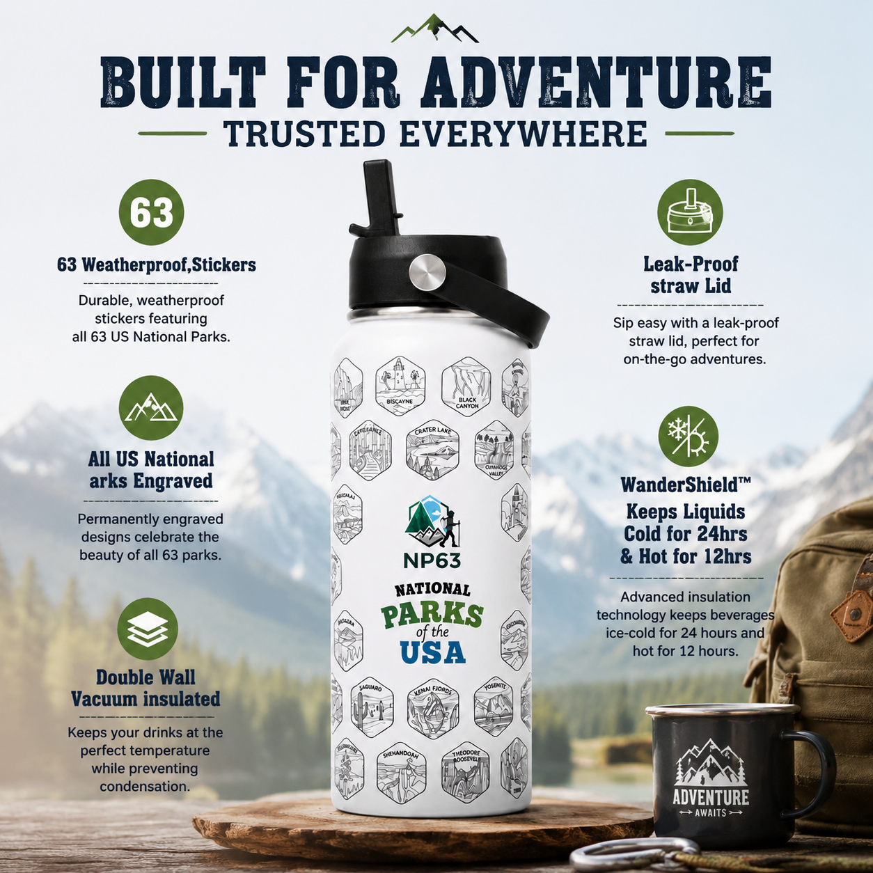NP63 National Parks Water Bottle + Stickers