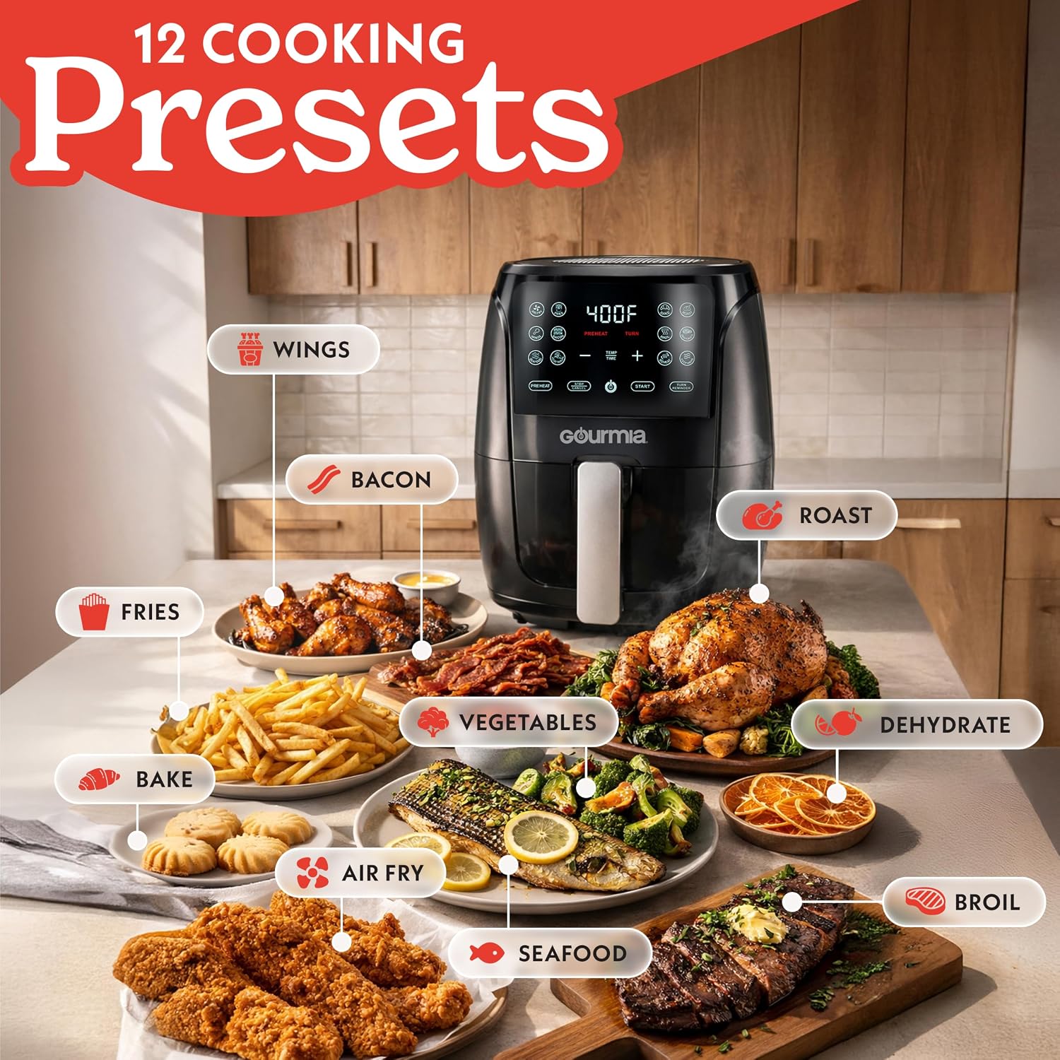 Gourmia Air Fryer - 4 Qt Capacity, FryForce360º, Digital Display with 8 Presets, Roast, Bake, Broil, Dehydrate, Dishwasher Safe Accessories, Compact, Black
