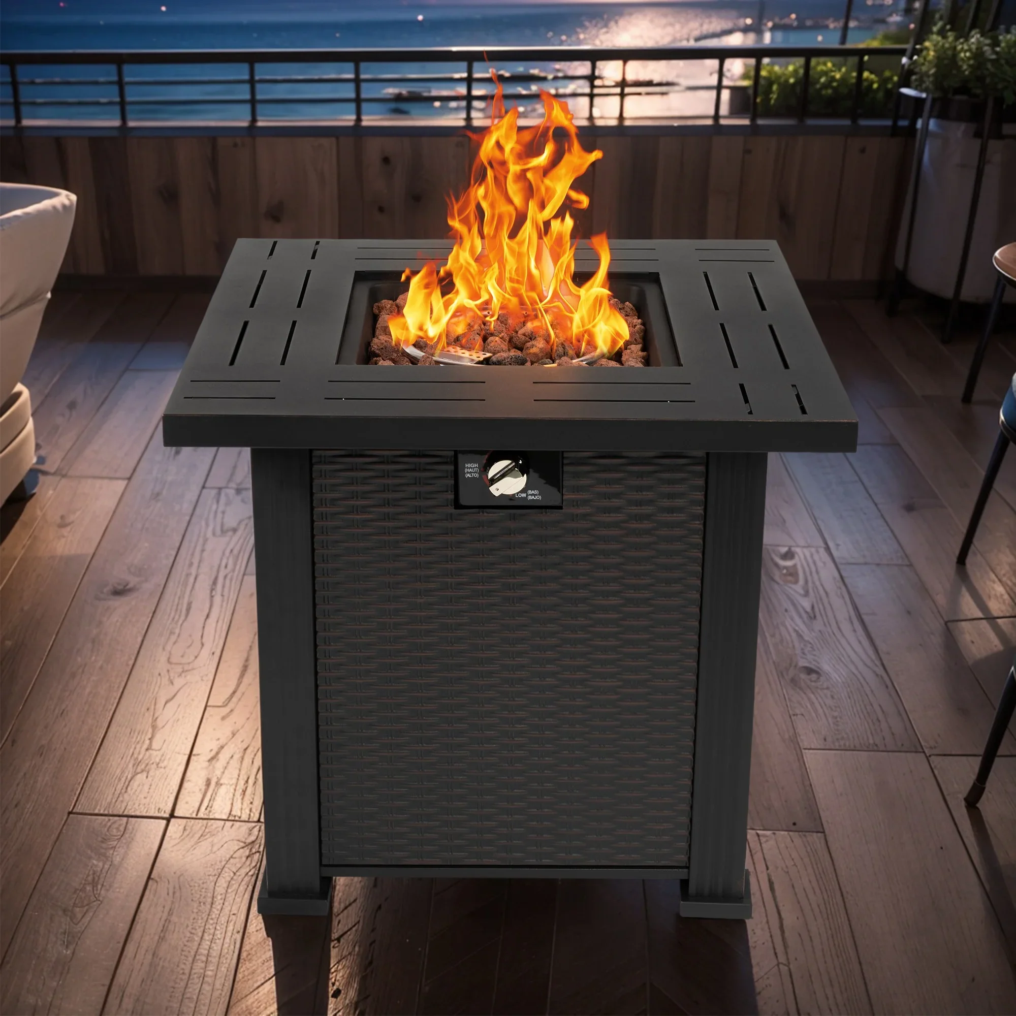 28 Fire Pit Table, Propane Fire Pit with Lid, Lava Rocks, 50000 BTU Outdoor Gas Fire Pit, Metal Square Propane Fire Pit for Outside Garden Backyard Deck Patio, Brown, LLL4008