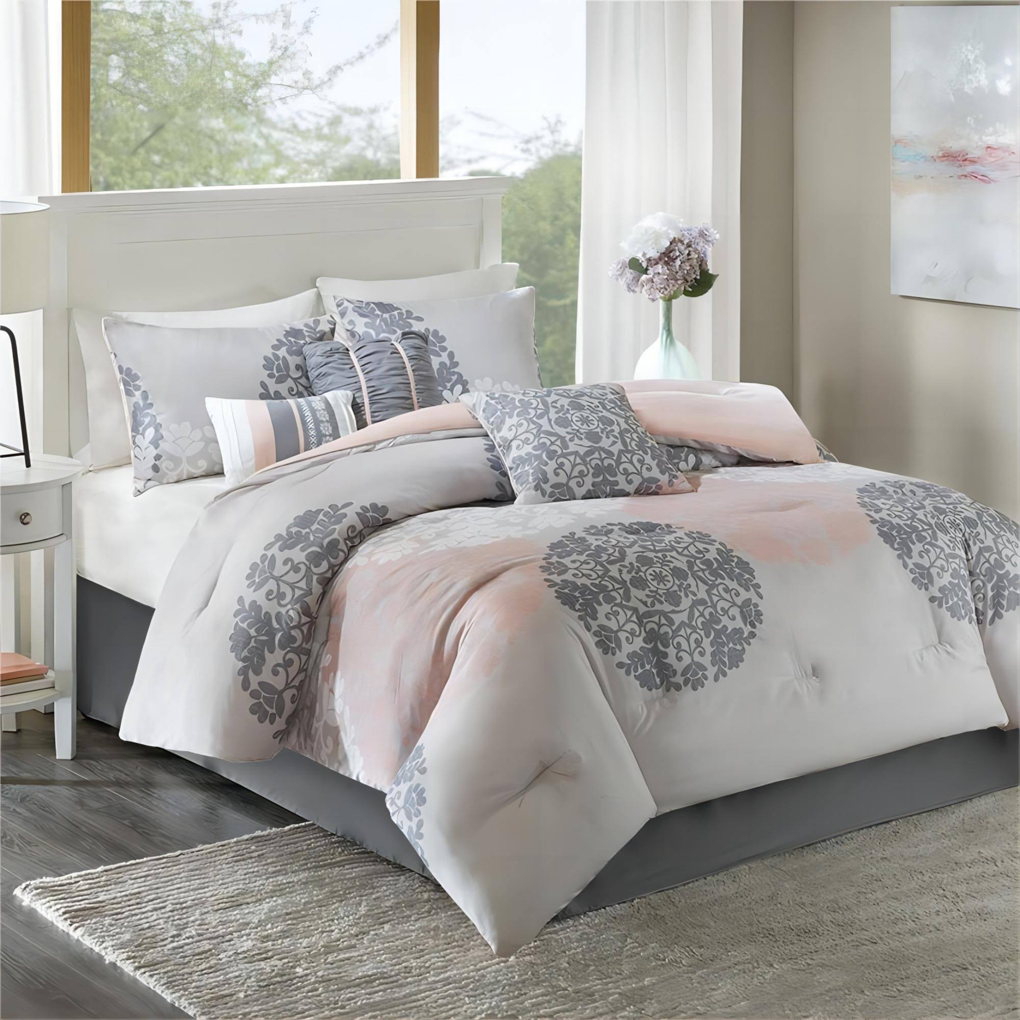 Home Essence - HE10-416 Springfield Lightweight All Season Goose Down Alternative Fill Floral Comforter Set Bedding Queen Coral 7 Piece