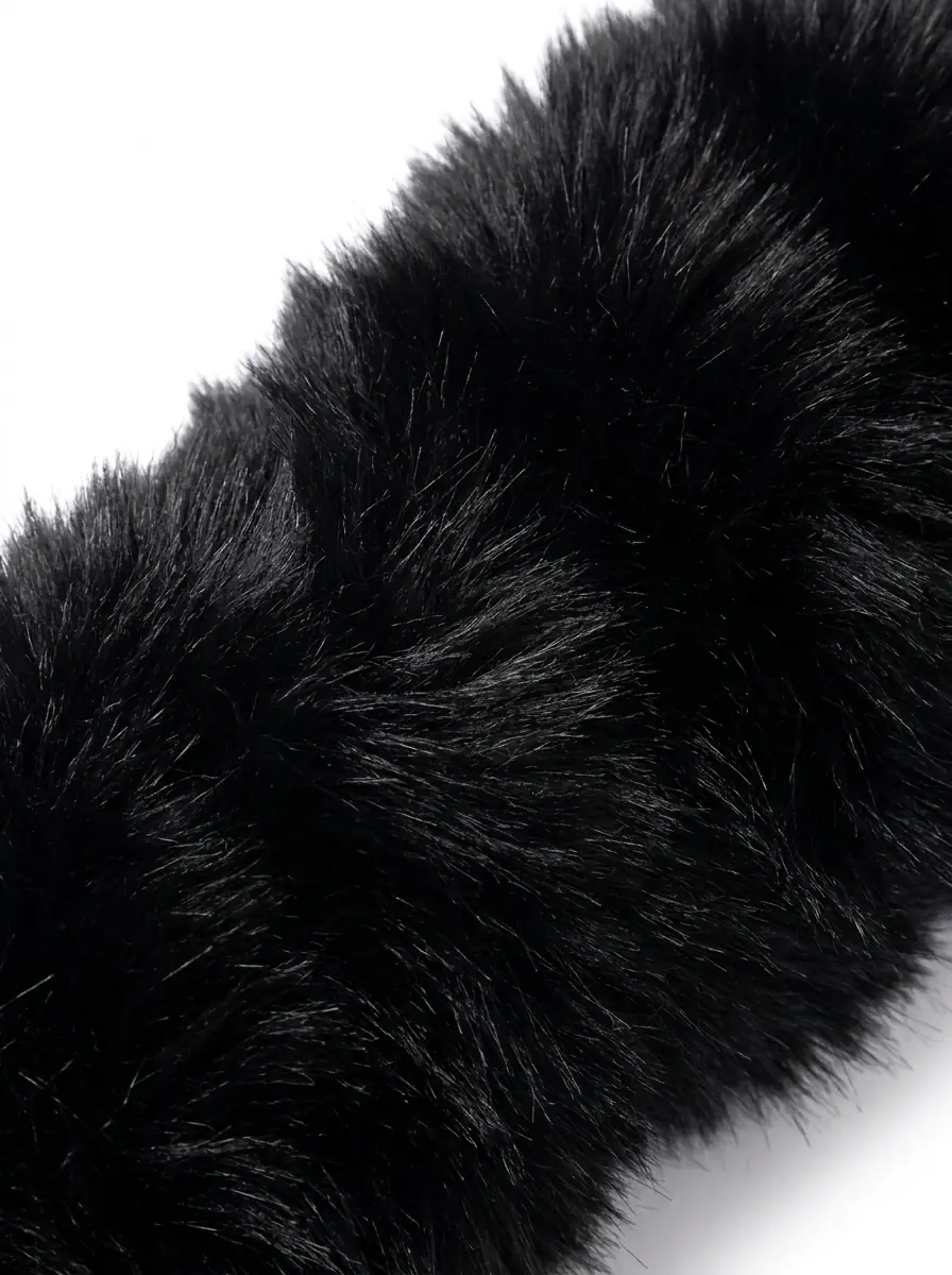 Close-up of soft black faux fur jacket texture
