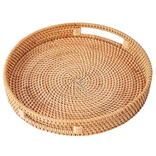 Large Round Rattan Serving Tray Set Of 2, Woven Tray With Handles Serving Basket Wicker Fruit Bread Serving Basket For Coffee Table(13.8in X