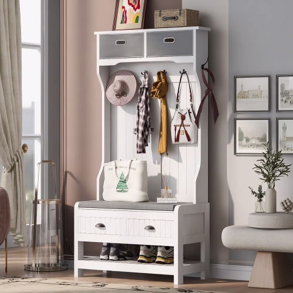 Triple Tree 3-in-1 Multi-Function White Entryway Coat Rack Hanger Storage Hall Tree(White)