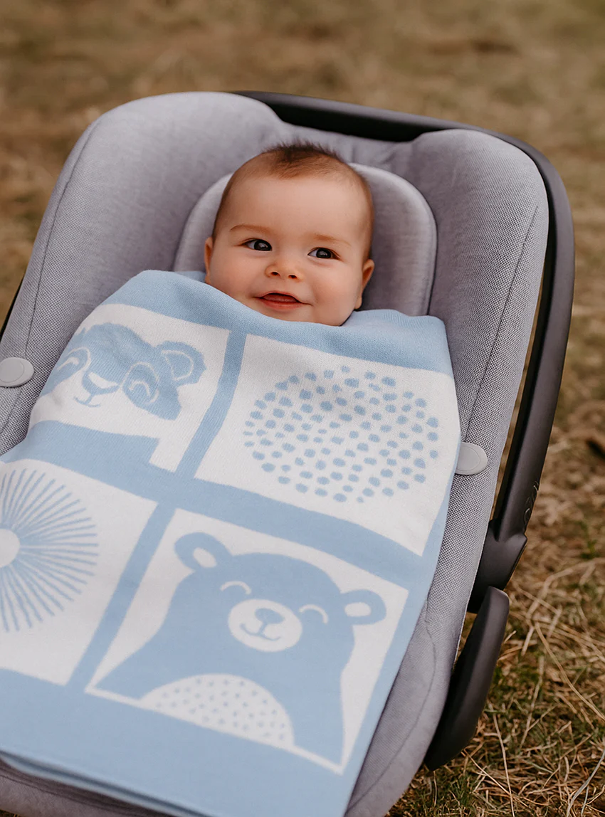 Plaid bébé laine mérinos motif animaux bleu pastel