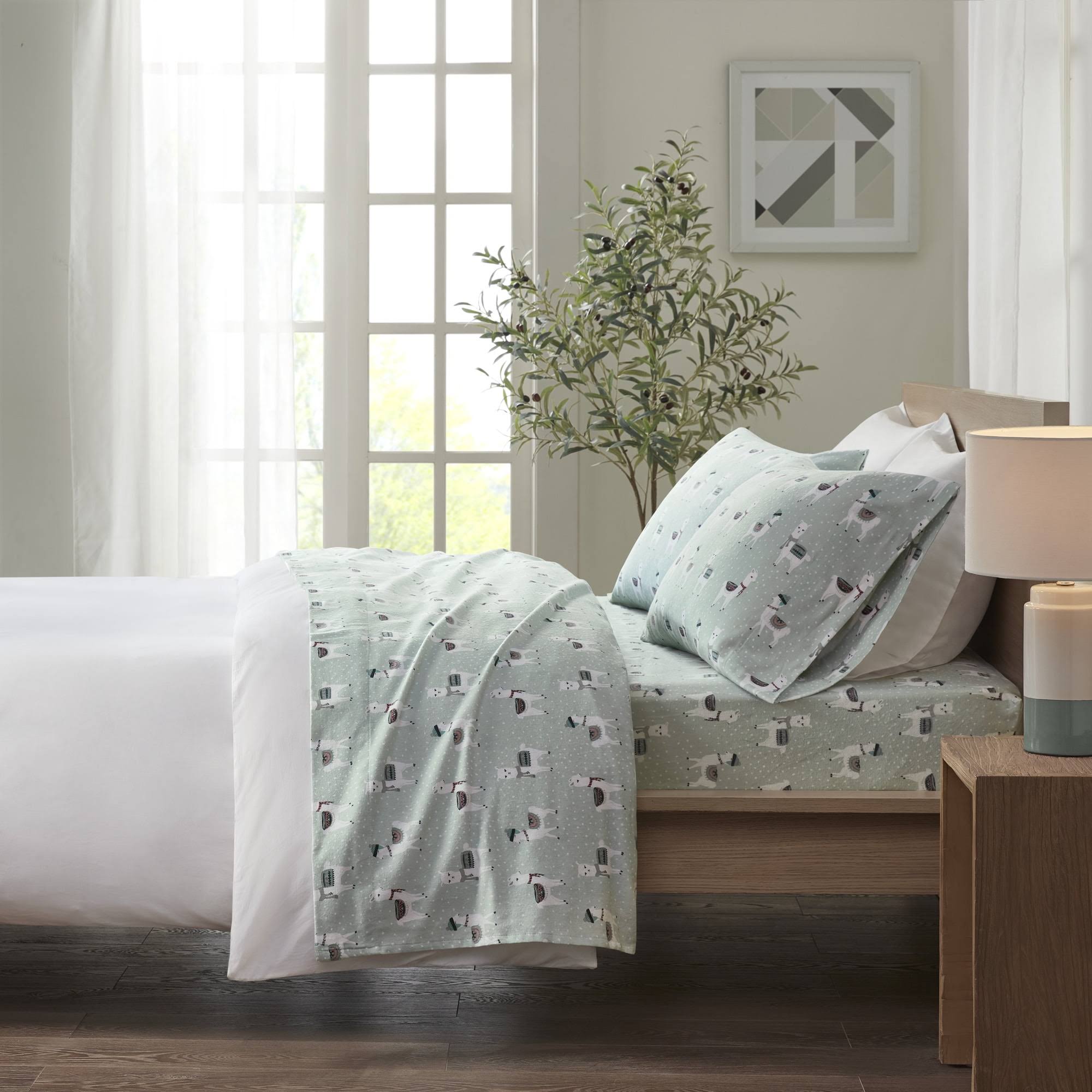 True North by Sleep Philosophy - Cozy Cotton Flannel Printed Sheet Set - Twin XL - Seafoam Llama