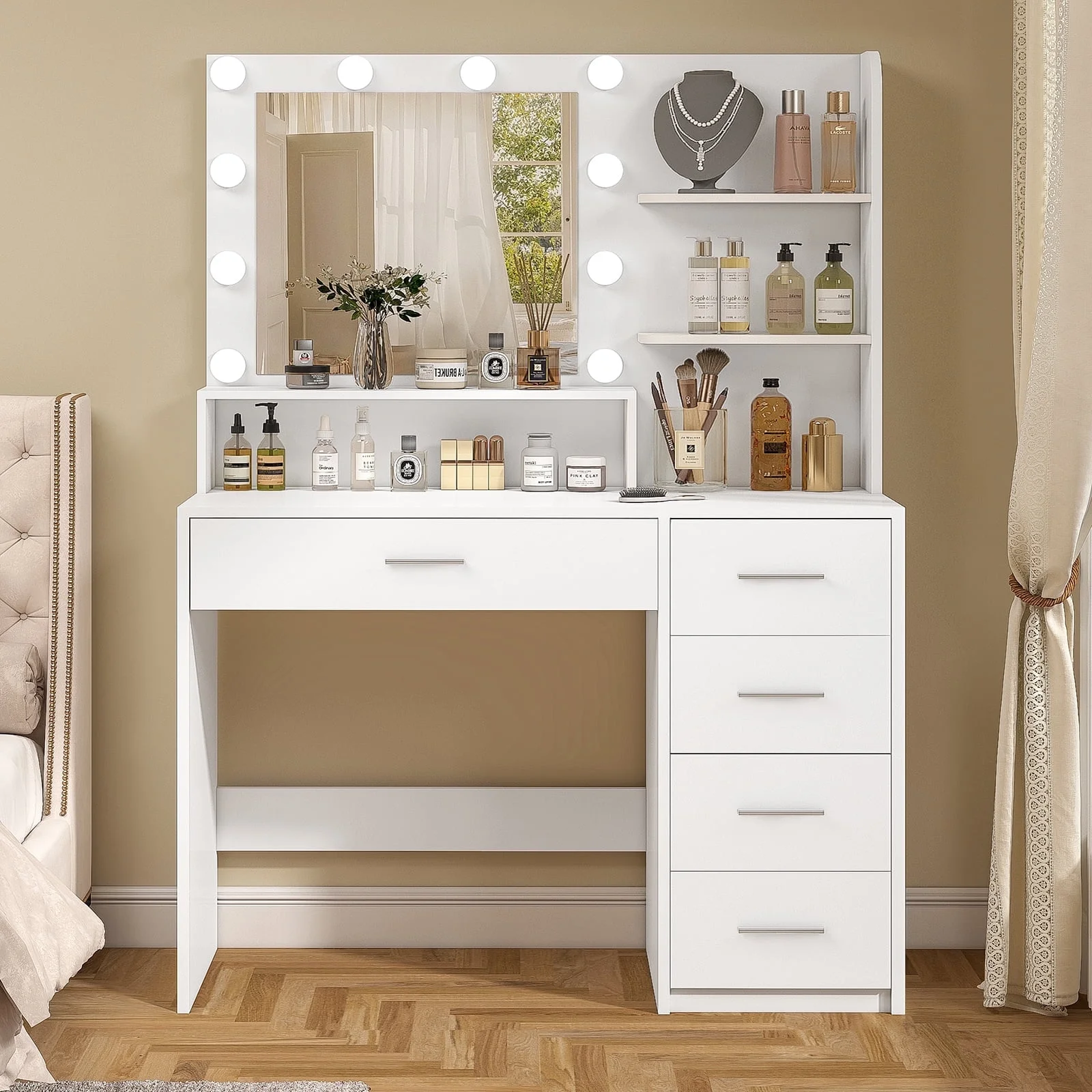 Makeup Vanity Desk with Mirror Lights, Vanity Table with 5 Drawers Storage Shelves, Makeup Vanity , 3 Color Modes Adjustable Brightness Dressing Table, Bedroom, White(White) - Image 6