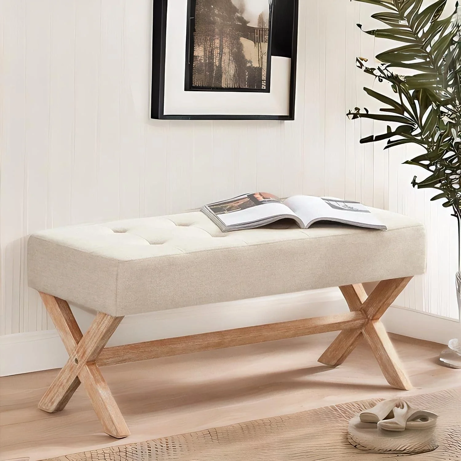 Bedroom Bench, 35" Upholstered Entryway Bench Dining Bench, Tufted Fabric End of Bed Bench for Bedroom Living Room Hallway, Beige(Beige) - Image 2