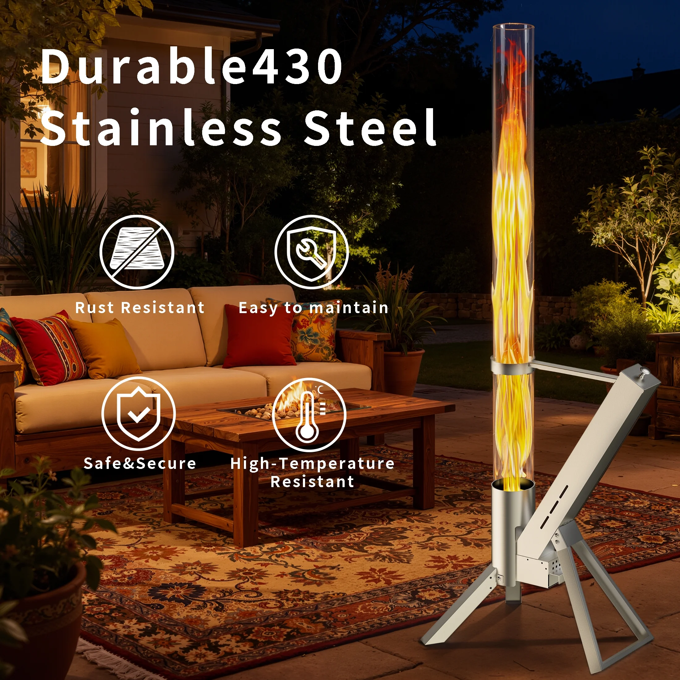 2 Piece Outdoor Smokeless Pellet Heater, Portable 430 Stainless Steel Glass Tube, Patio Pellet Torch with Tripod, Upgraded Ashtray, Eco-Friendly Wood Heater for Backyard, Patio, Camping(2 Pack) - Image 5