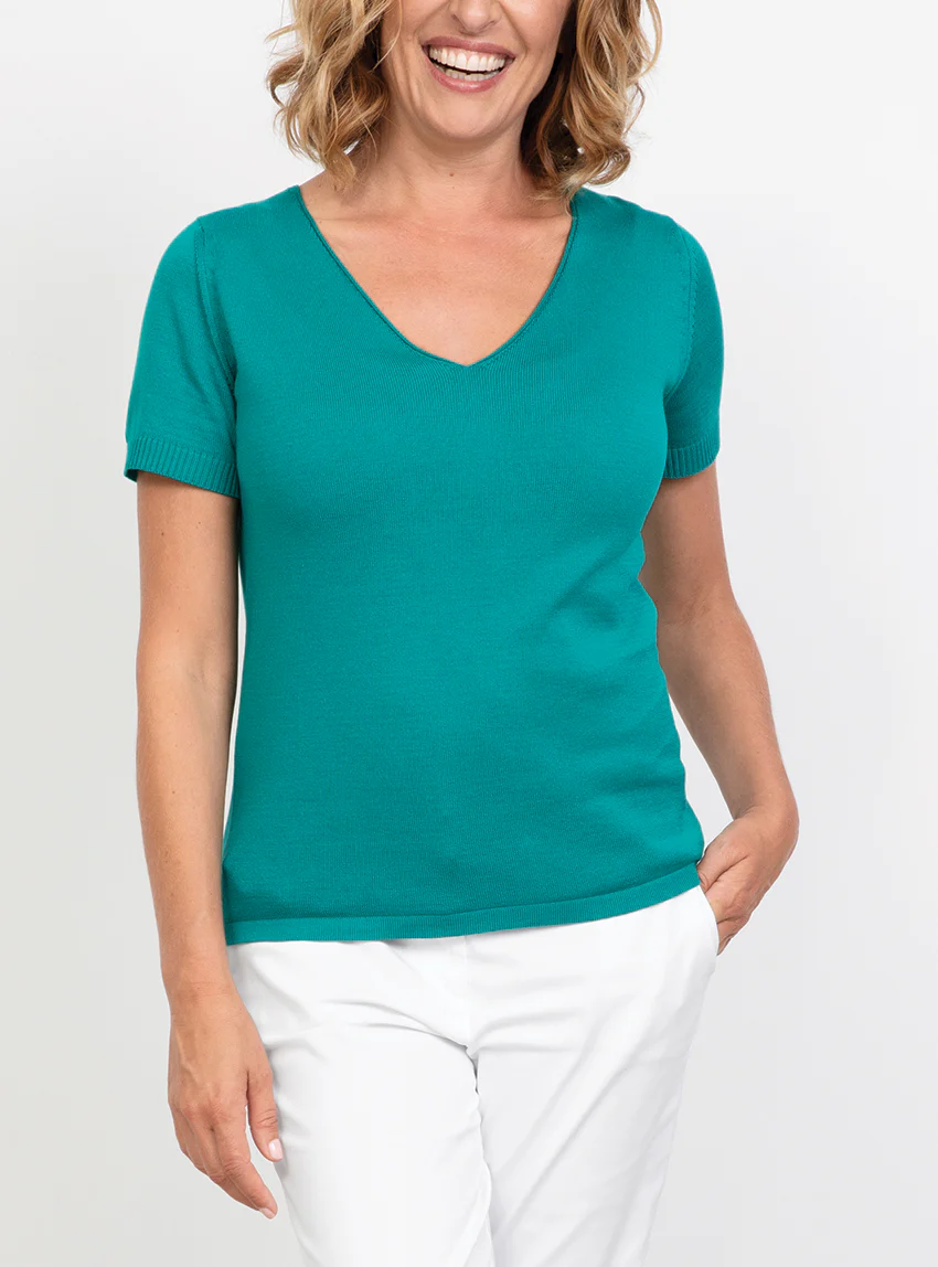 Pull femme manches courtes en coton Vert Emeraude