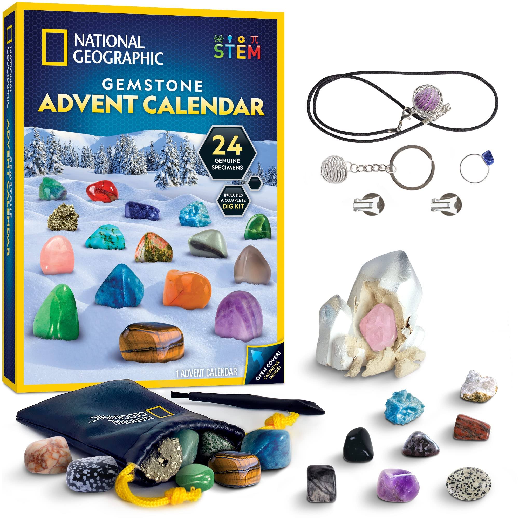 National Geographic Gemstone Advent Calendar - 2022 Advent Calendar for Kids with 24 Gemstones to Open Each Day, A Complete Rock Collection Christmas