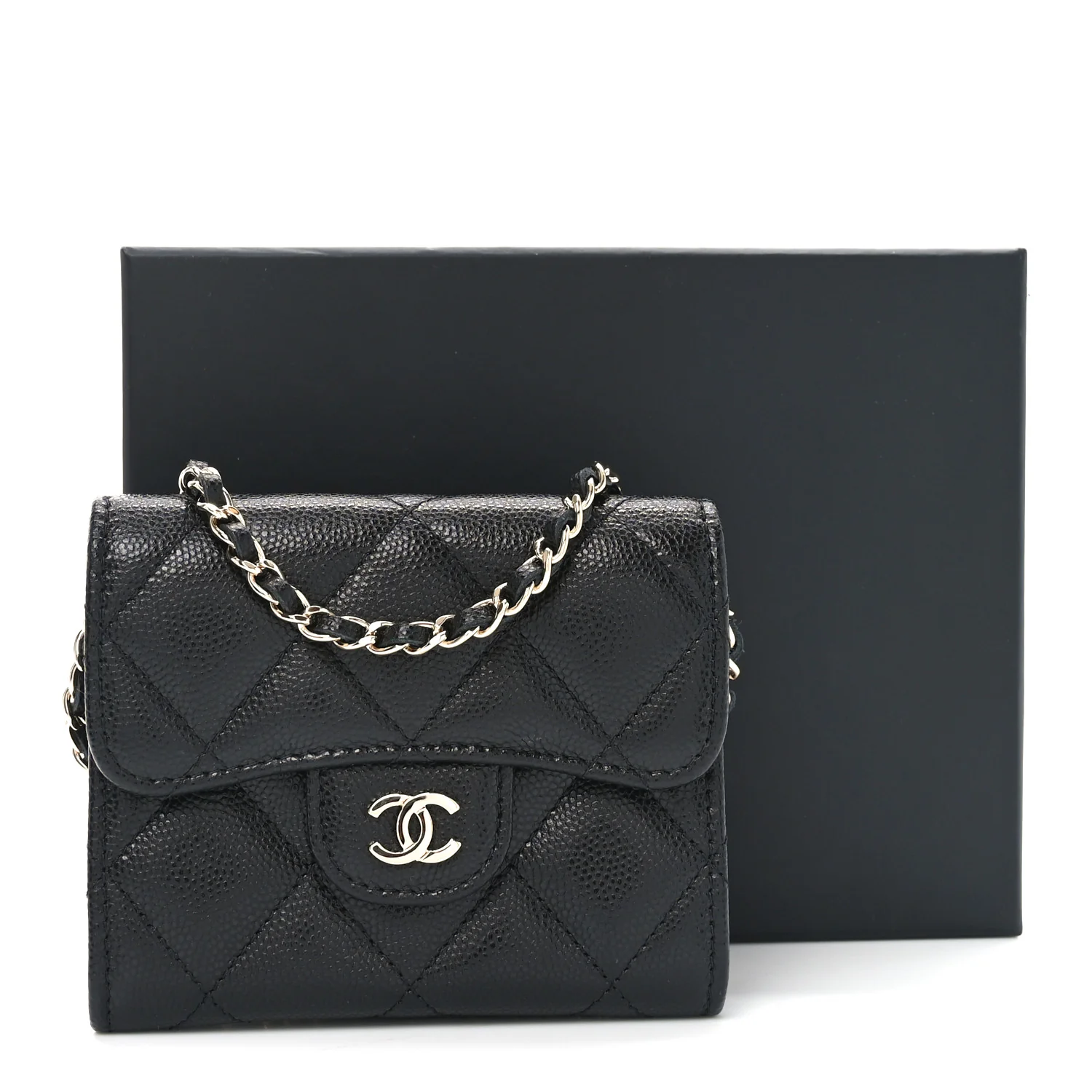 Caviar Quilted Flap Card Holder On Chain Black