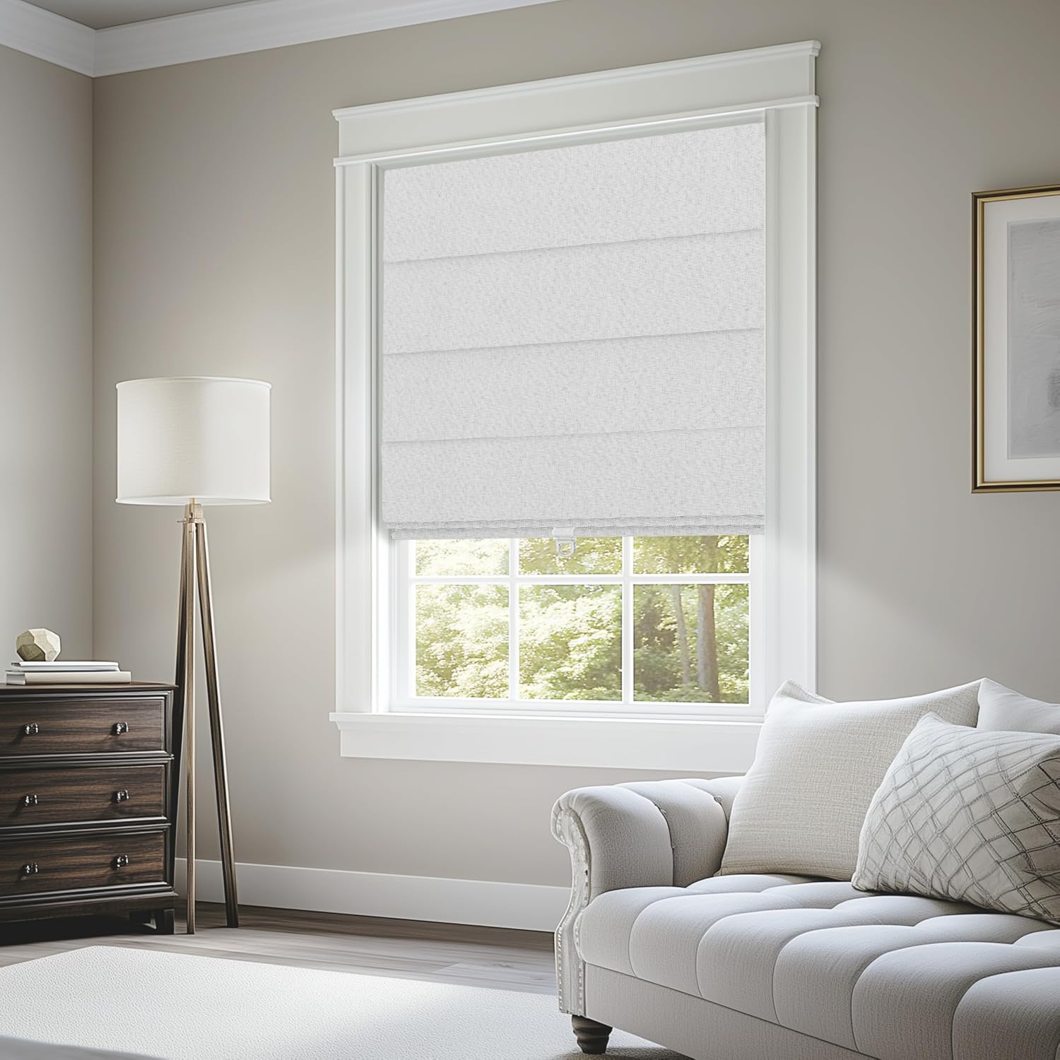 BERISSA Cordless Roman Shades for Windows Blackout,Pull Down Linen Fabric Roman Blinds,Privacy Window Shades for Door Windows,Bedroom,Office,Easy to Install,Misty White,72