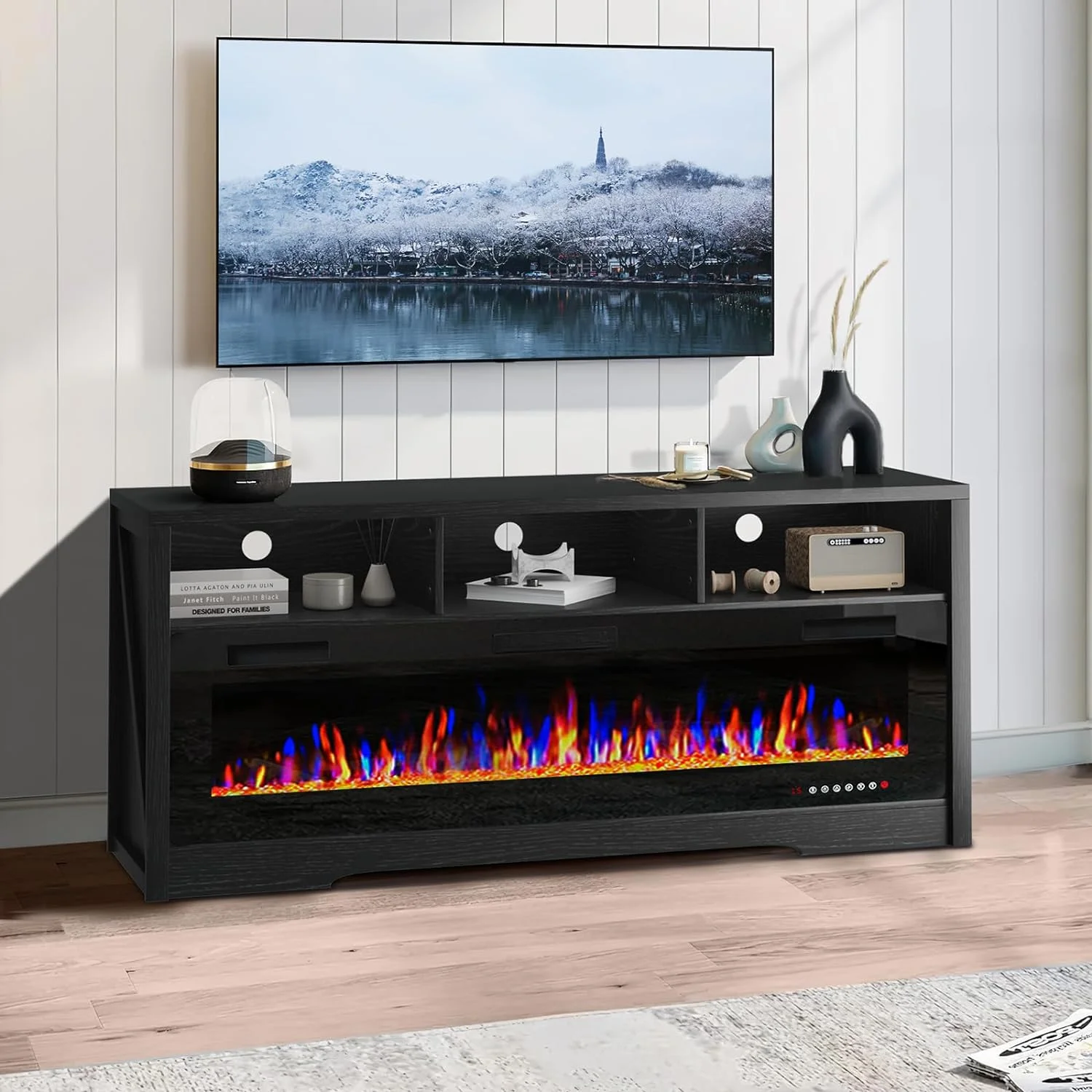 Fireplace TV Stand for TVs Up to 75" TV with 60" Electric Fireplace,Entertainment Center with Open Shelve Storage(Black) - Image 2