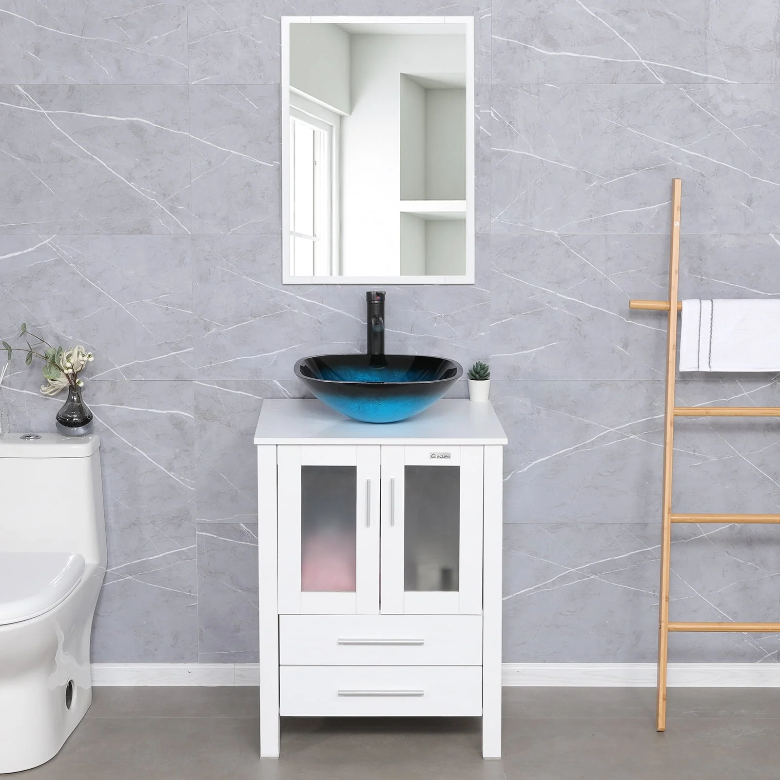 24"W x 20"D x 32"H Classical Bathroom Vanity Vessel Sink Set with Faucet, Mirror White Vanity and Ocean Blue Square Glass Sink Pop up Drain Combo
