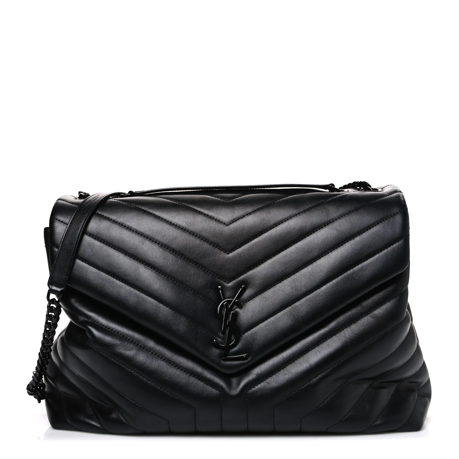 Calfskin Y Quilted Monogram Monochrome Large Loulou Chain Satchel Black