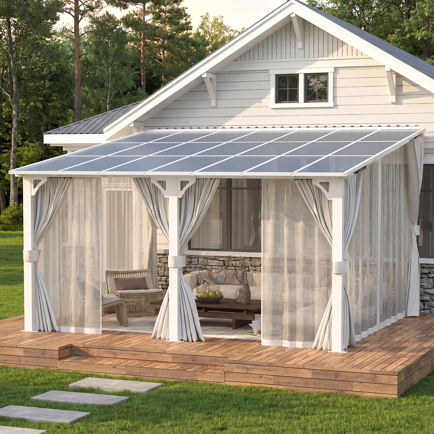 AECOJOY 14'x12' Wall Gazebo with Curtains and Mosquito Netting, White