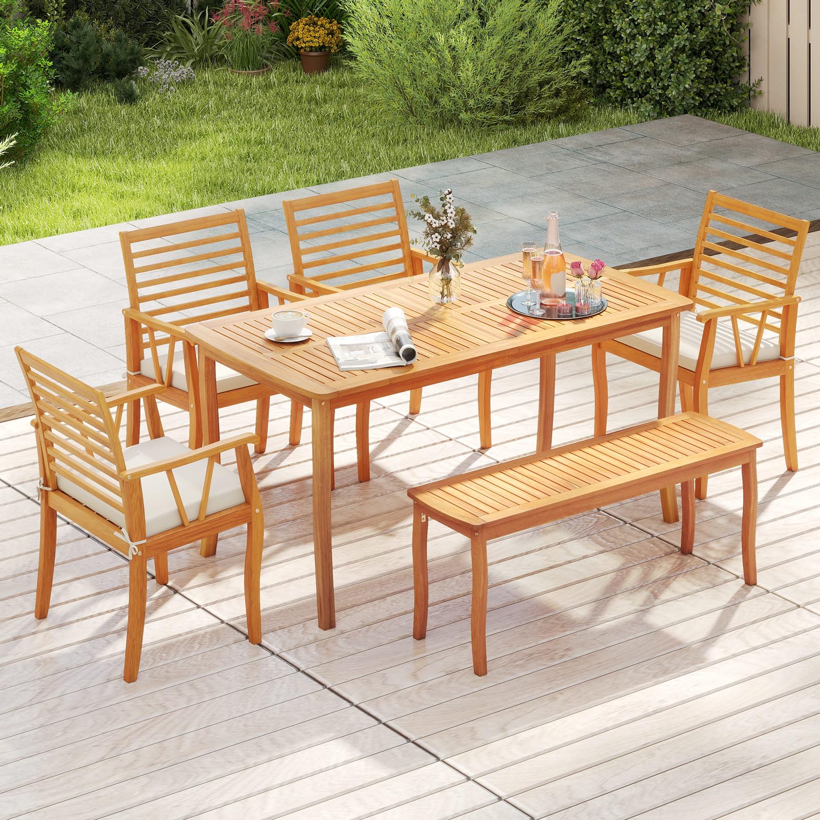 Tangkula 6 Pieces Acacia Wood Patio Dining Set with Bench