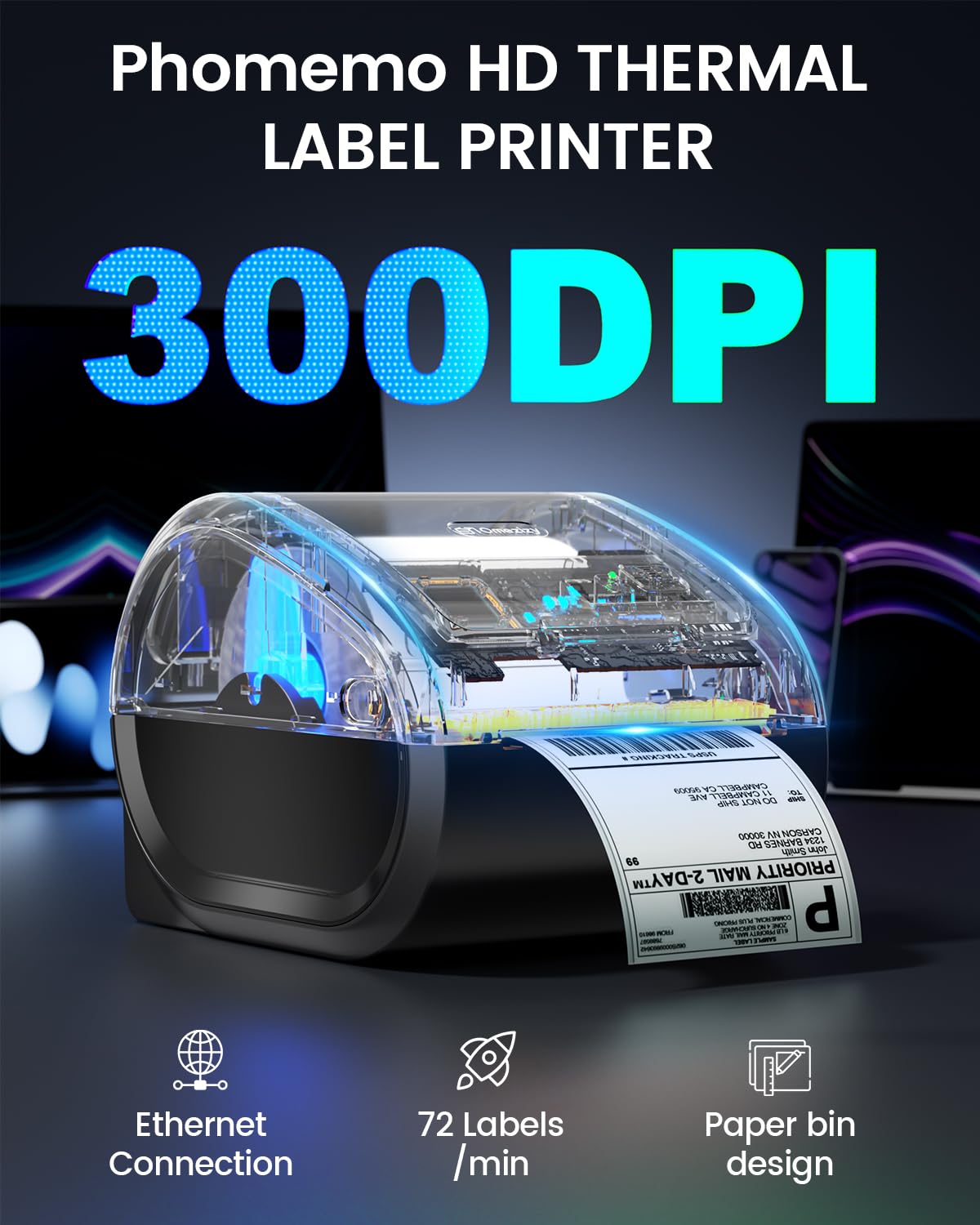 300DPI Ethernet Thermal Label Printer 4x6 with Built-in Paper Bin | D530Pro shipping label printer for small business/home/office, Ethernet/Bluetooth/USB connection, compatible with Amazon/USPS