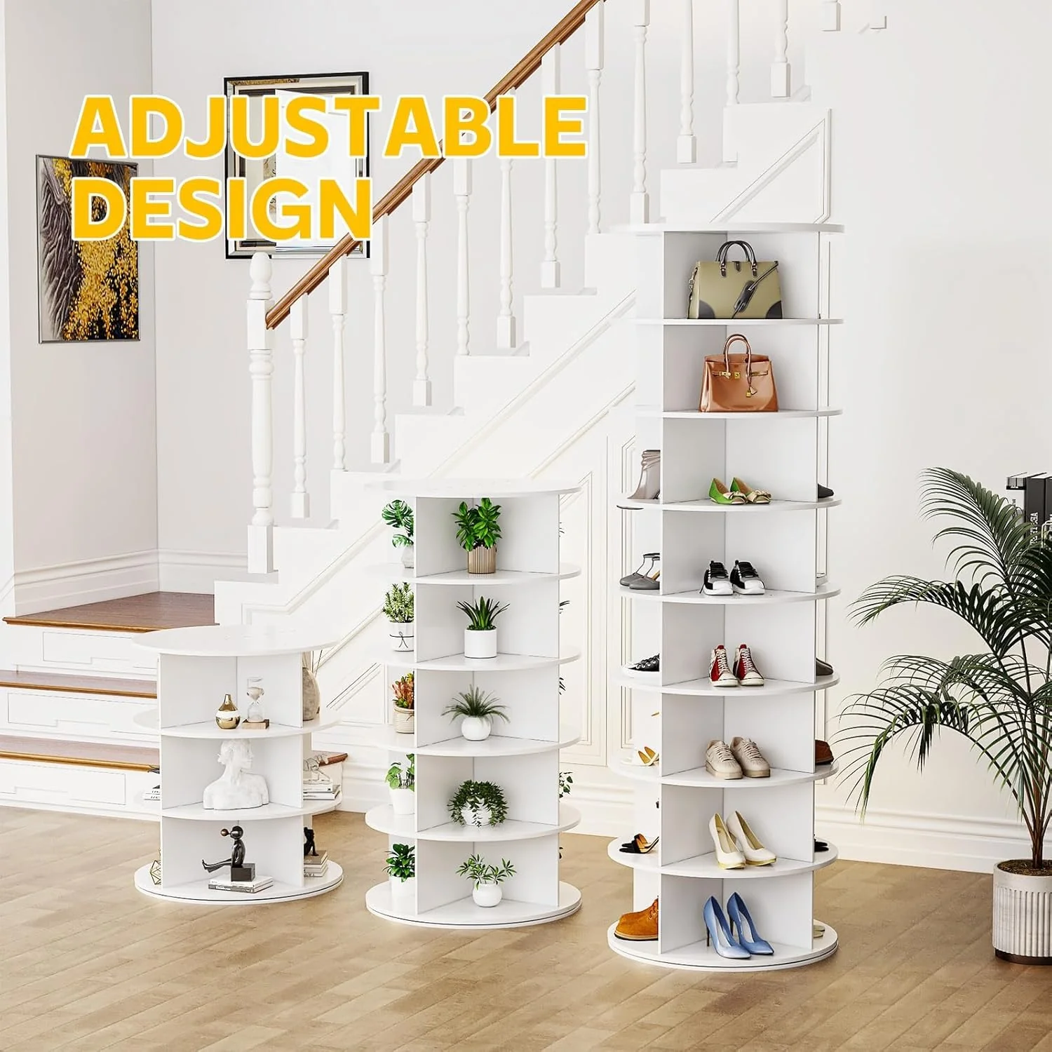 AECOJOY 8 Tier Rotating Shoe Rack Tower, Spinning Shoe Display Lazy Susan, Fits 32 Pairs of Shoes, White
