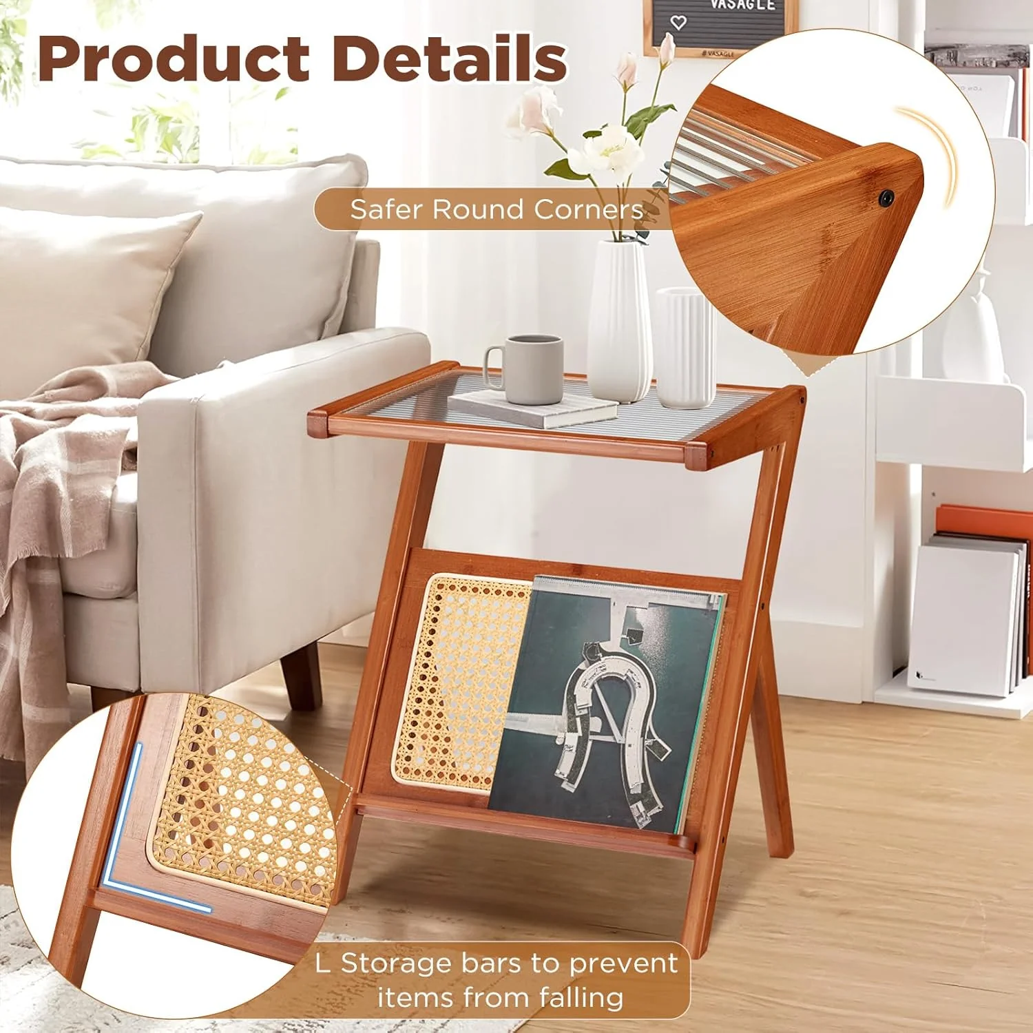 AECOJOY Rattan Side Table Set of 2, Rattan End Table Z-Shaped Boho Nightstand with Glass-top