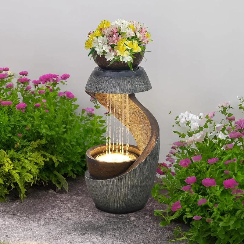 Outdoor Water Fountain Modern Curved Waterfall S-Shaped Freestanding Fountain with Bowl Planter for Patio Deck Garden Yard Home Decor - Image 4