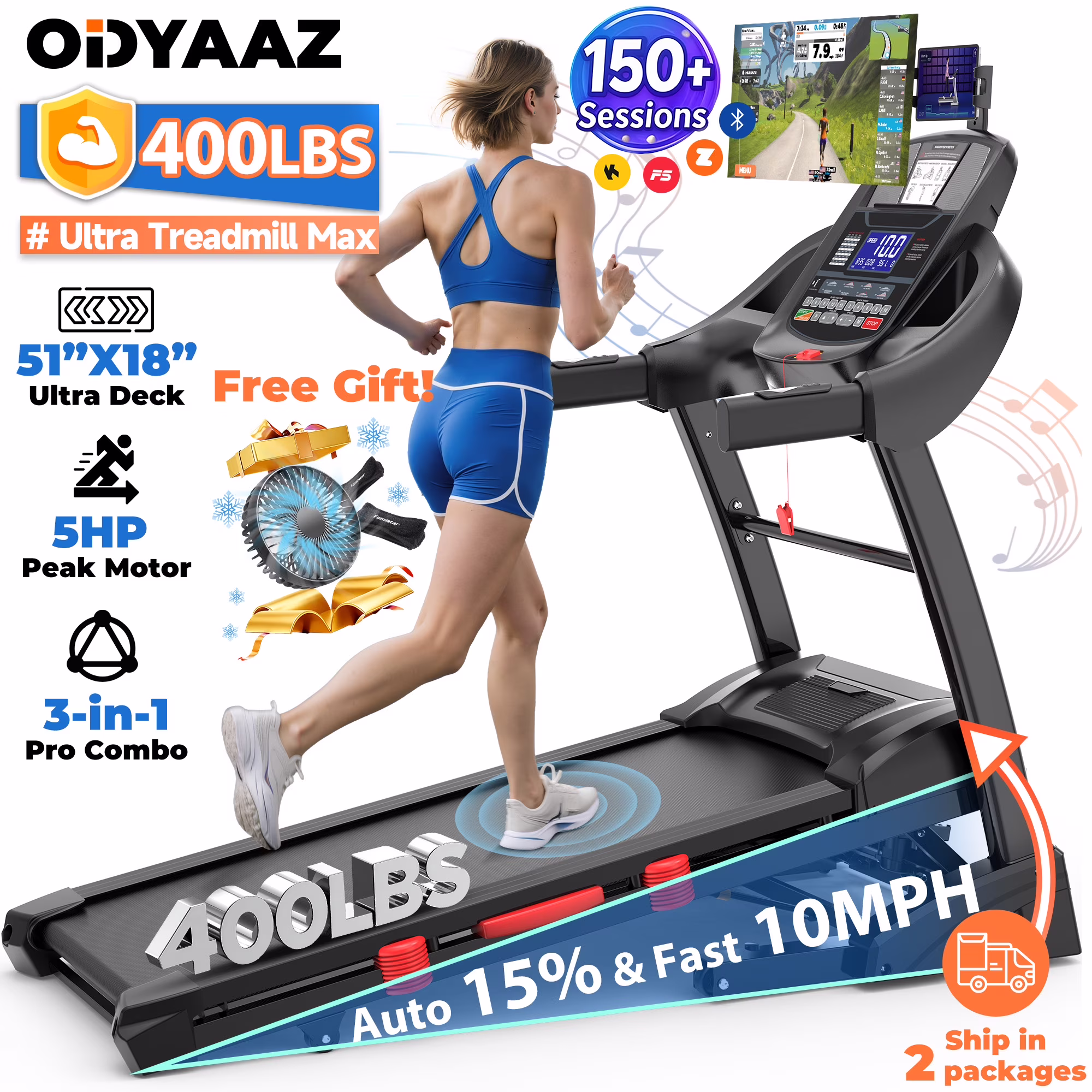 5HP Foldable Treadmill for Home W/ 15% Auto Incline, 300 lb Capacity, 10MPH Portable Treadmill, 64+7 Programs, Personalized Workout with APP, Running Walking Treadmill
