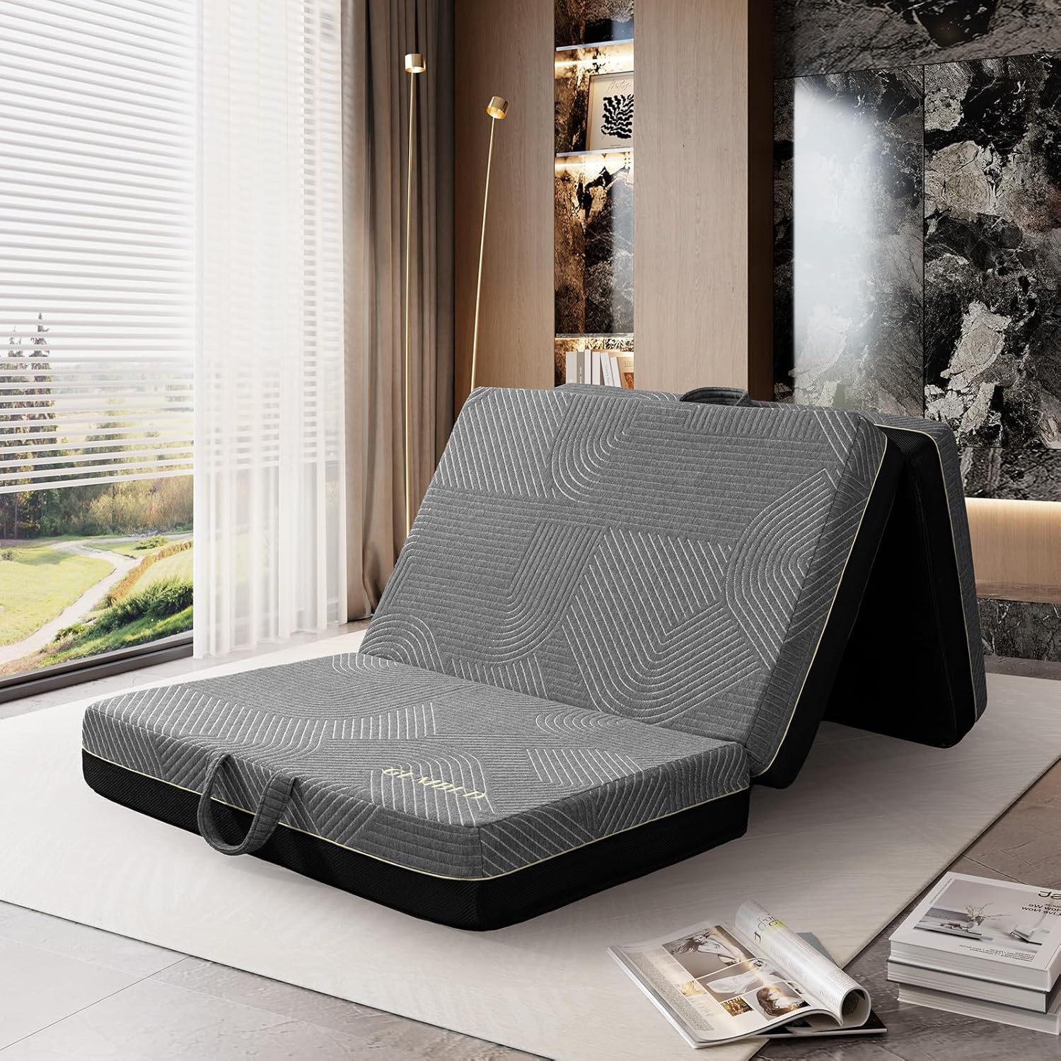 Tri Folding Mattress Twin Size - Memory Foam Tri-fold Mattress, Handle & Non-Slip Bottom, Portable Foldable Sofa Bed Floor Chair for Travel RV Camping Guest Yoga - 6 Inch, 75