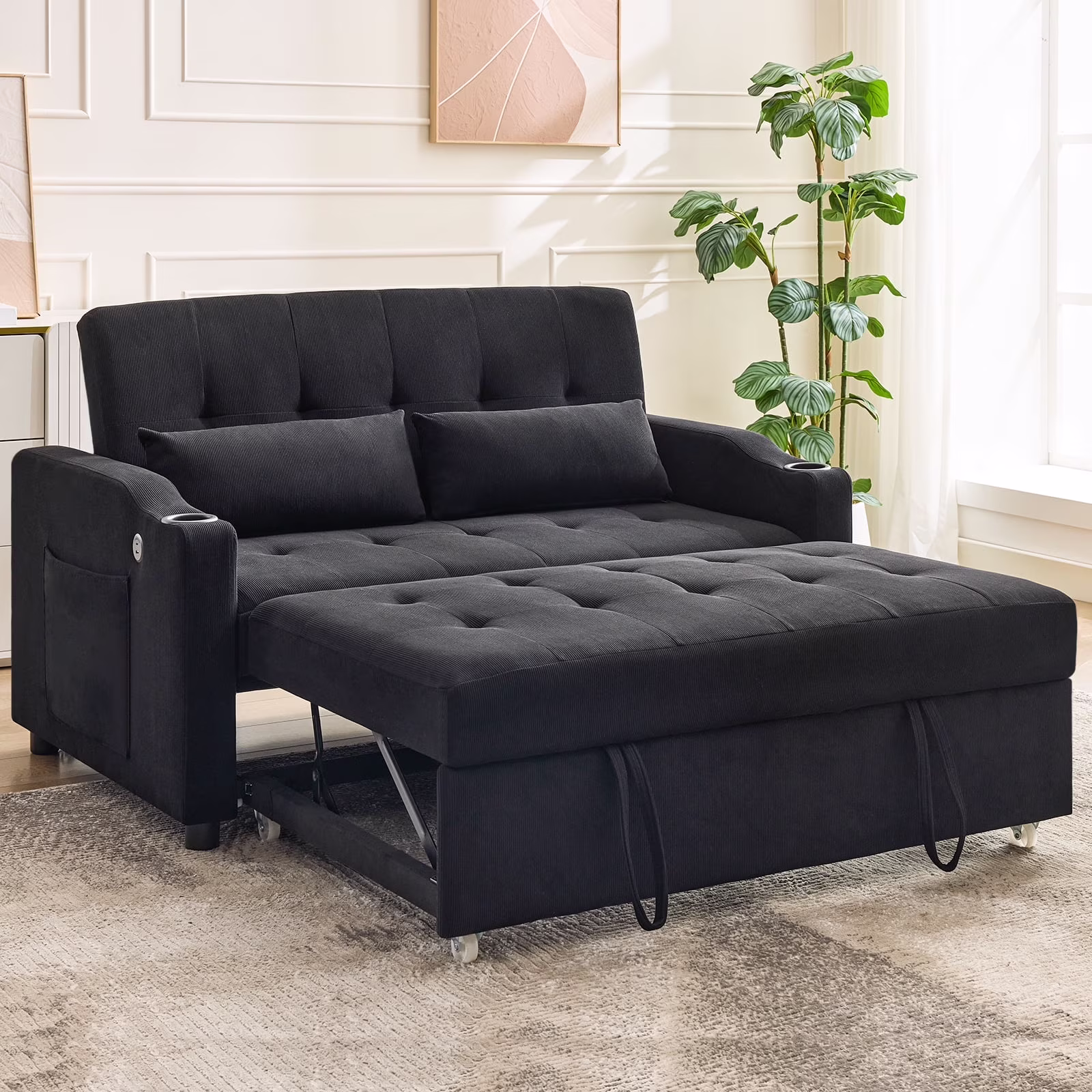 3 in 1 Convertible Sleeper Sofa Bed, Corduroy Futon Couches with Pull - Out Bed, Adjustable Backrest, Charging Port & Side Pockets, Modern Upholstered Sofa for Living Room, Guest Room