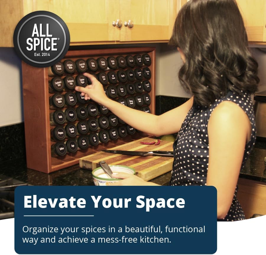 AllSpice Spice Rack Organizer, Wood, 525 Unique Labels, Countertop or Wall Mount, Includes 30 4oz Jars - Cherry Stain