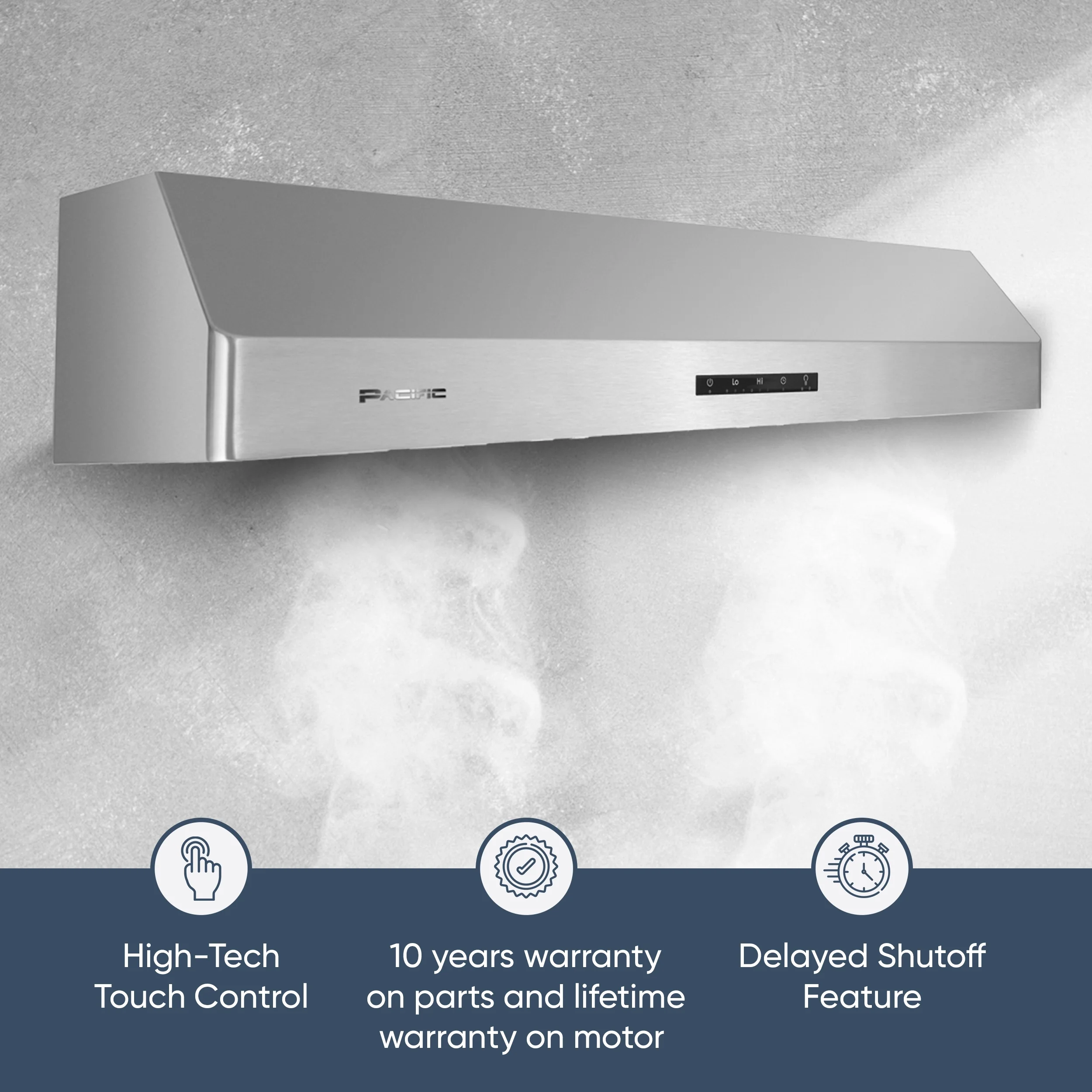 Pacific Economy Pro Under Cabinet Ducted Range Hood 30 in - 850 CFM 3 - Speed Powerful Kitchen Vent Hood - Electric Stainless Steel - Ultra Quiet, Glass Touch Control, 6W LED Lights PR6830AS