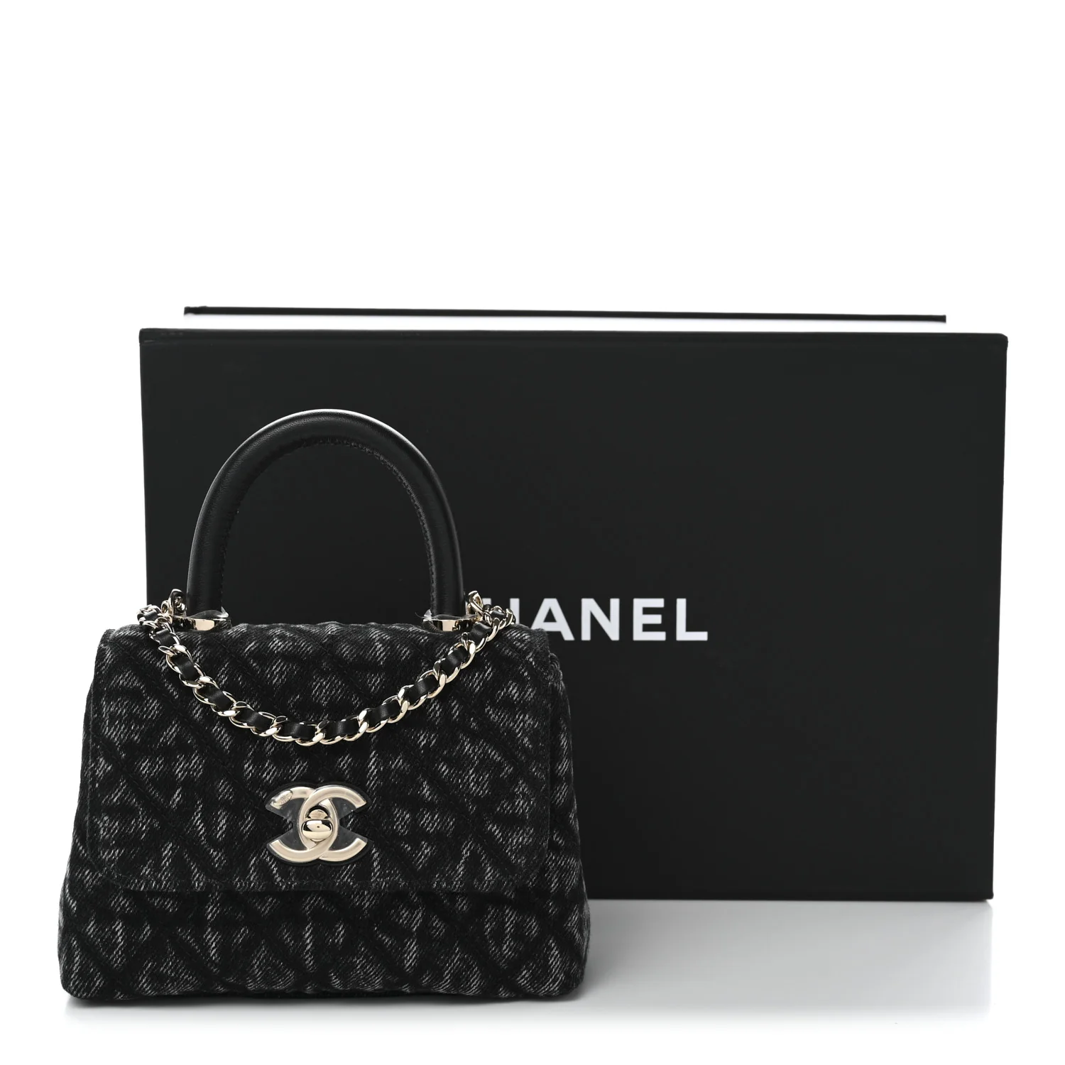 Washed Denim Quilted Coco Handle Clutch With Chain Black