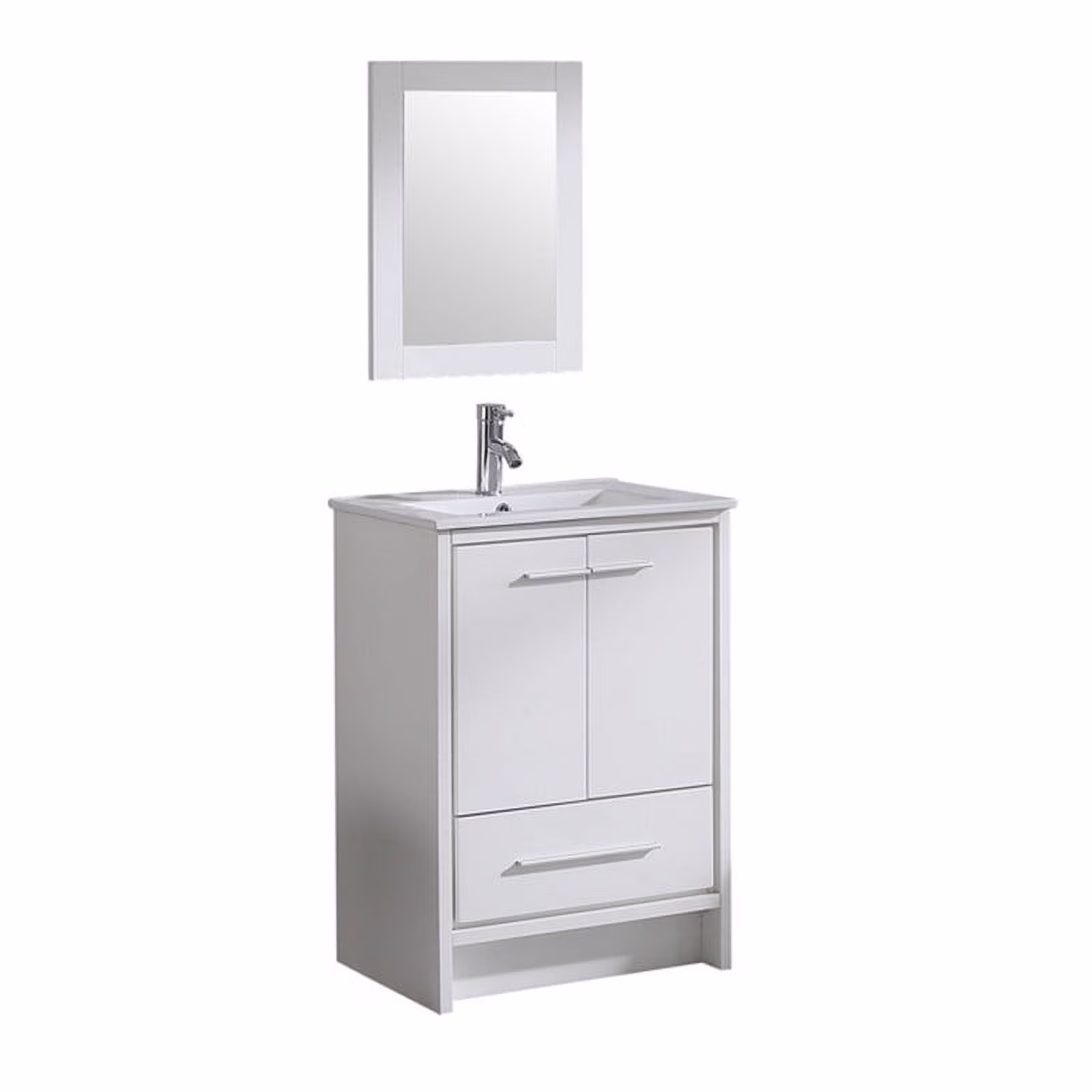 24" Luxurious Bathroom Vanity with Ceramic Sink and Countertop and Mirror and Faucet,Double Door Stand Floor Cabinet Bathroom Storage Vanity with Pop Up Drain,White(2 Doors1 Drawers)