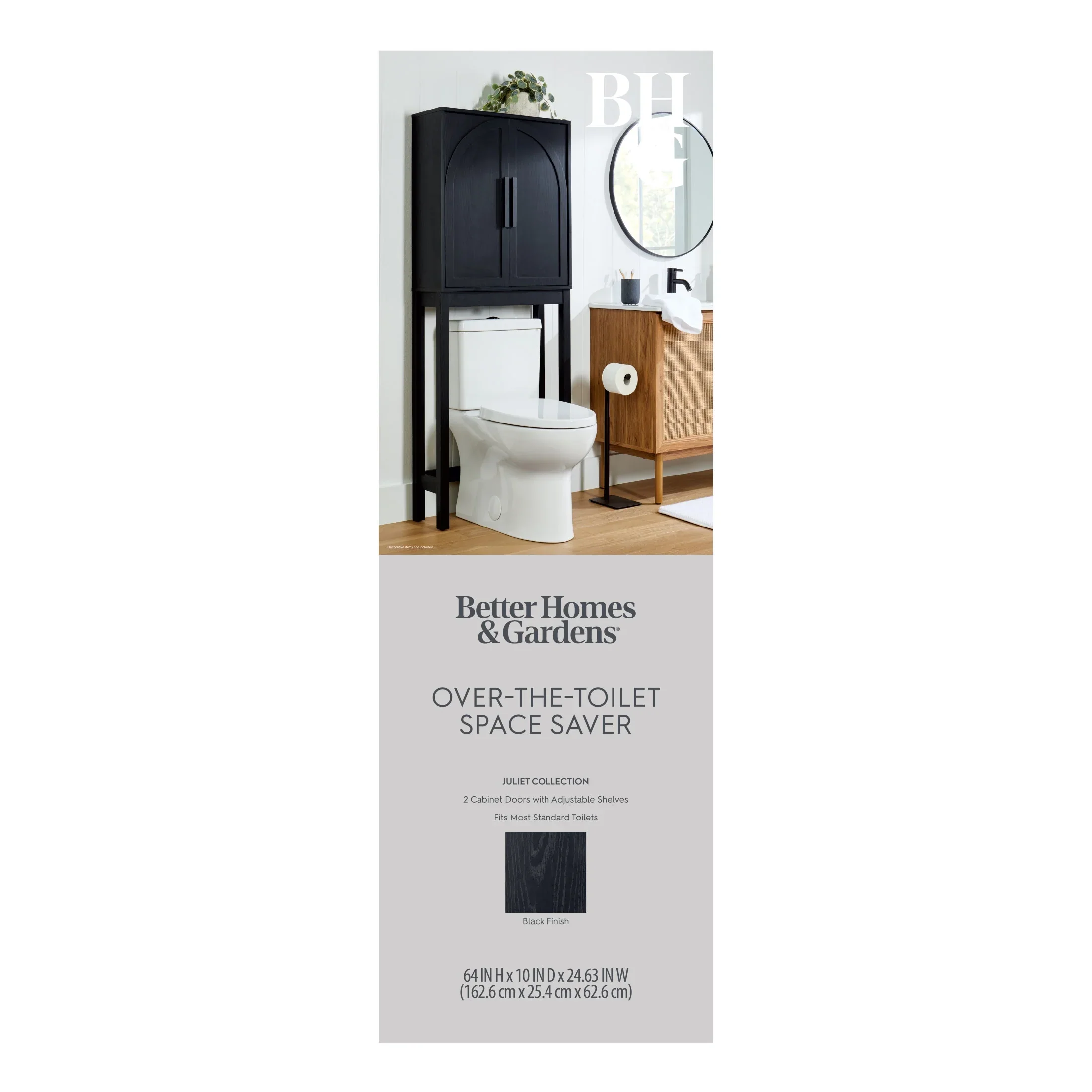 Better Homes & Gardens Juliet over-the-Toilet Space Saver Cabinet, 2 Adjustable Shelves, Black