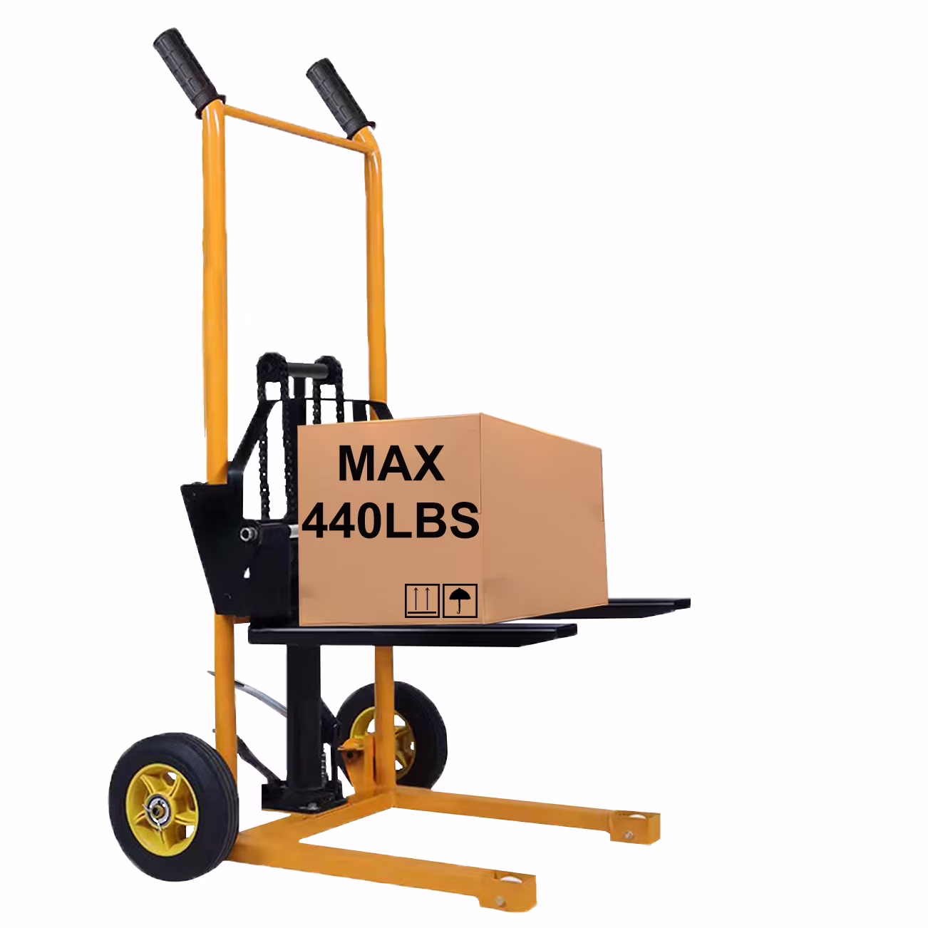 Small Manual Forklift Hydraulic Stacker, Portable Material Lift Truck with Adjustable Forks and Fixed Legs, 440 lb Straight Wheel Stacker Truck (without Pallets)