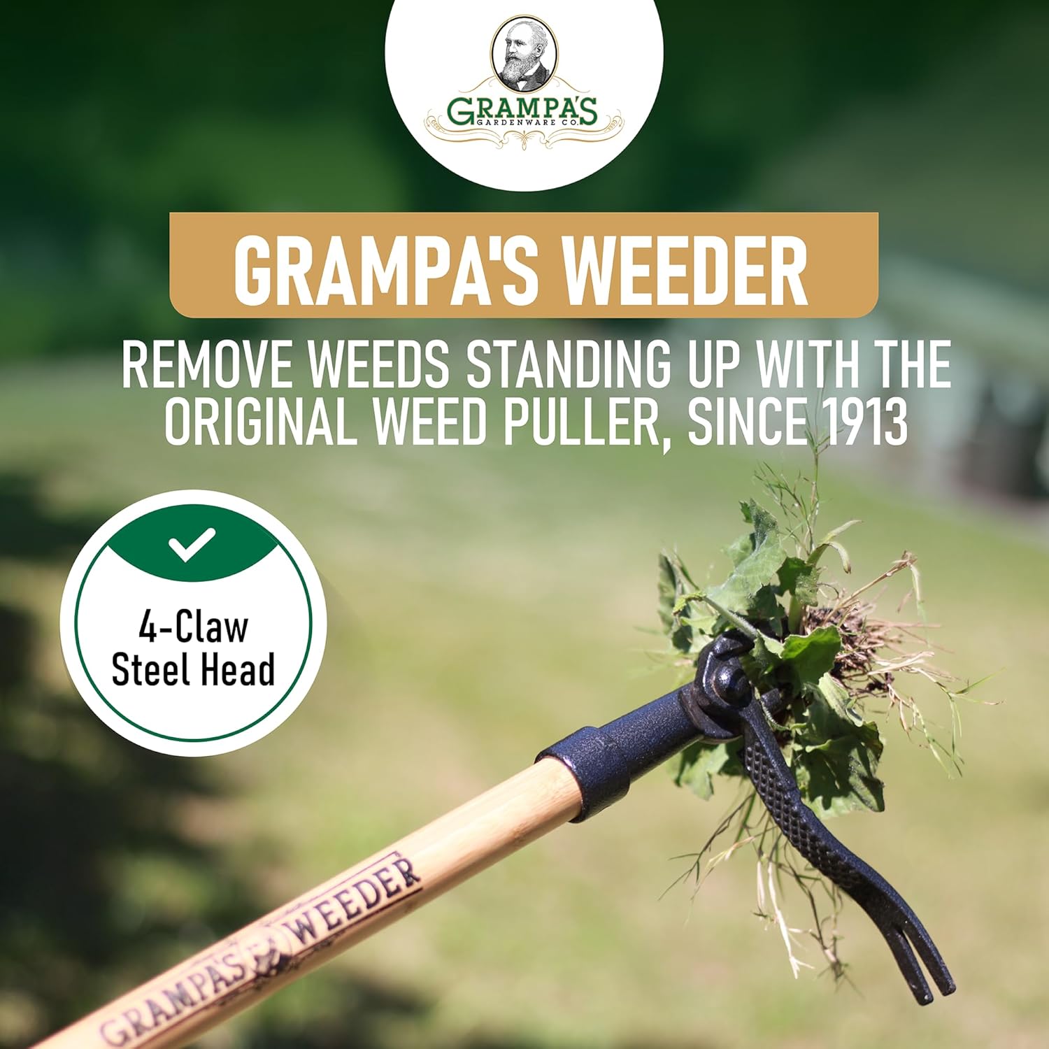 Grampa's Weeder Original Stand Up Weed Puller Tool with Bamboo Long Handle| 4-Claw Steel Head • Weeding Tool • Weed Remover Tool • Pulls Dandelions, Crabgrass & Taproots • No Bending • Saves Your Back