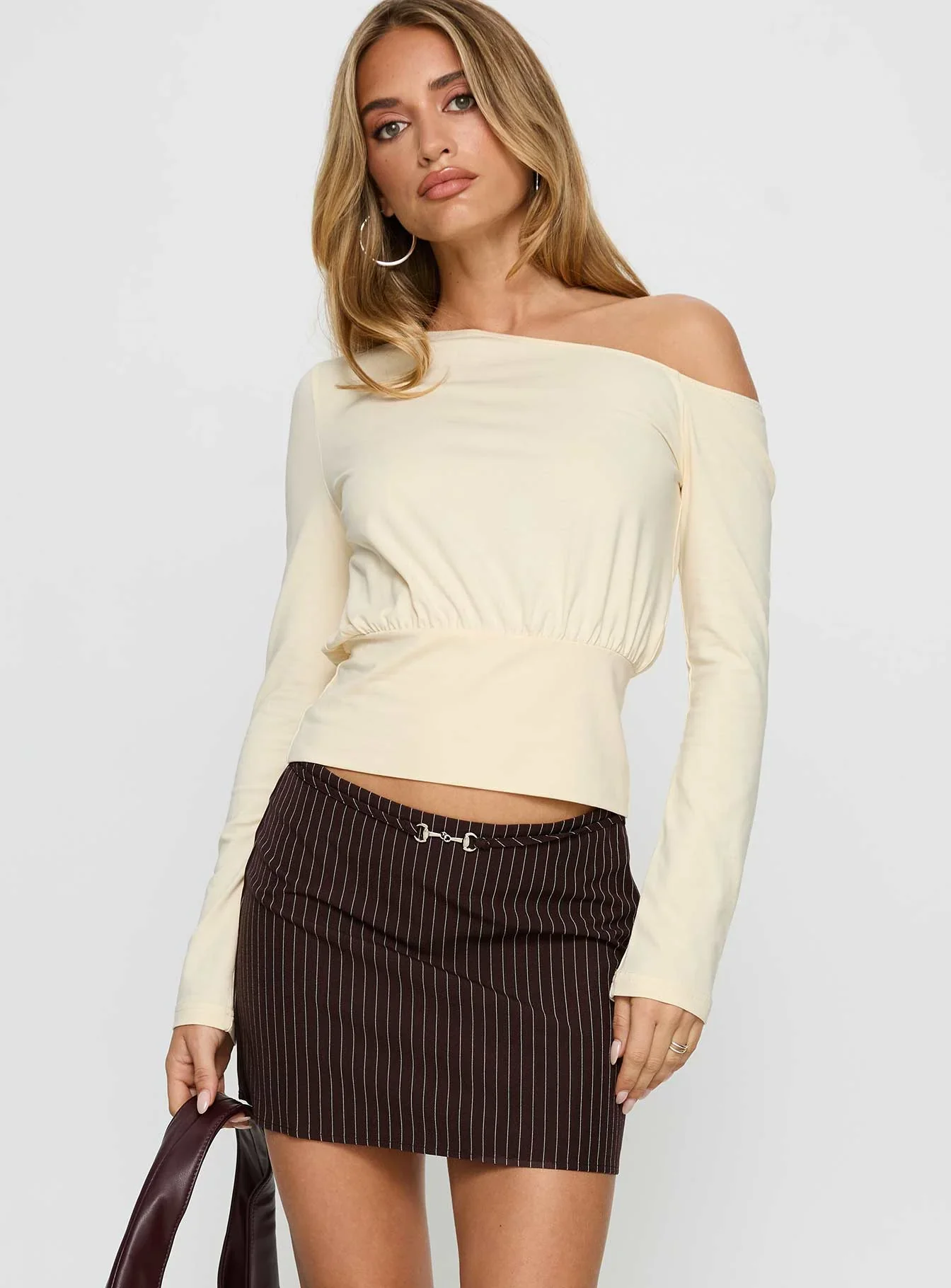 Yellena Buckle Mini Skirt Brown Pinstripe