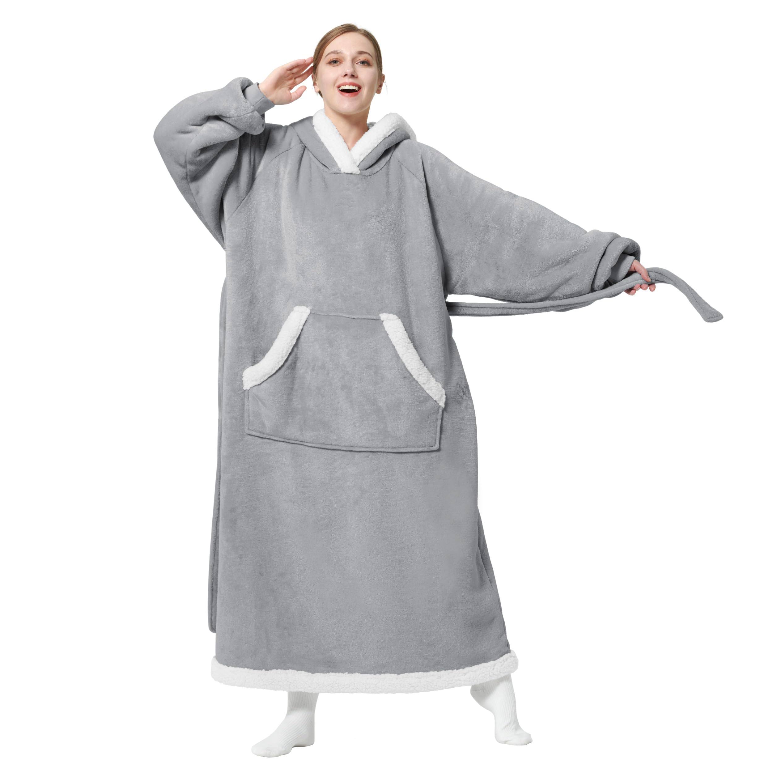 Bedsure Blanket Hoodie Women Men - Long-Length Wearable Hooded Blanket Sweatshirt Adult with Side Split and Belt, Warm Sherpa fl