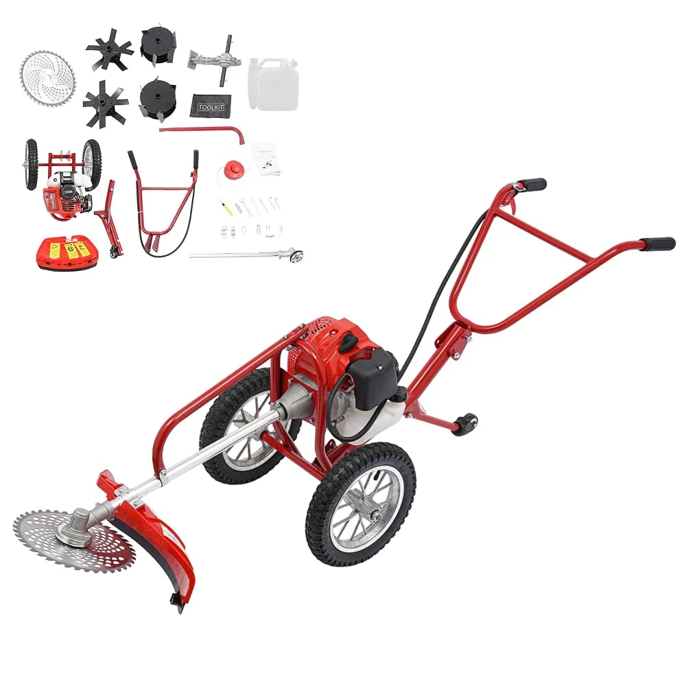 52CC Walk Behind Brush Cutter, 2 Stroke Gasoline Lawn Mower Trimmer, Air-Cooled Walk Behind String Trimmer w/Fuel Tank Gasoline Engine for Home Yards Gardens, 6500-7000R/Min