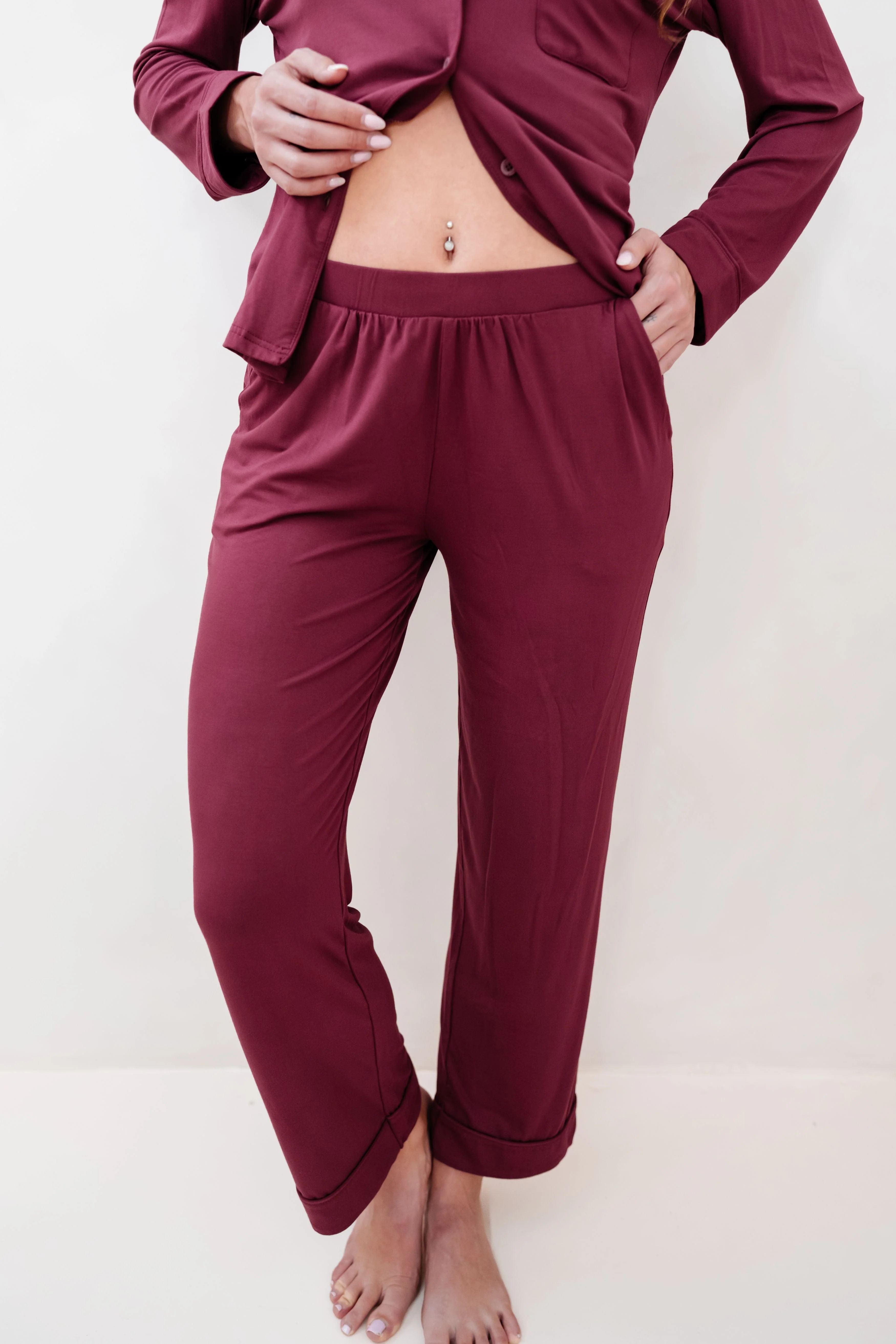 Long-Sleeved Women's Pajama Set in Burgundy with Burgundy Trim