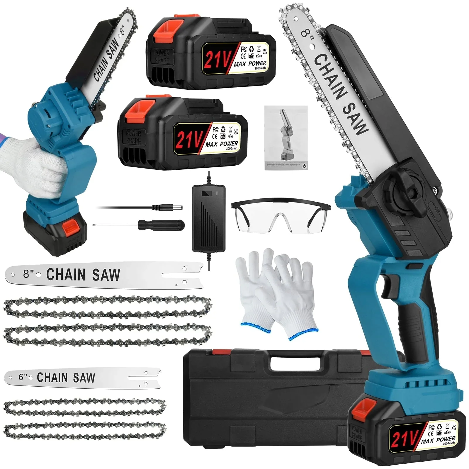 Mini Chainsaw Cordless 8 inch and 6inch2-in-1 Portable Brushless Chainsaw with 2Pcs 3.0Ah Battery,Handheld Small Chain Saw for Garden Pruning Branch Shears Wood Logs Cuts Blue
