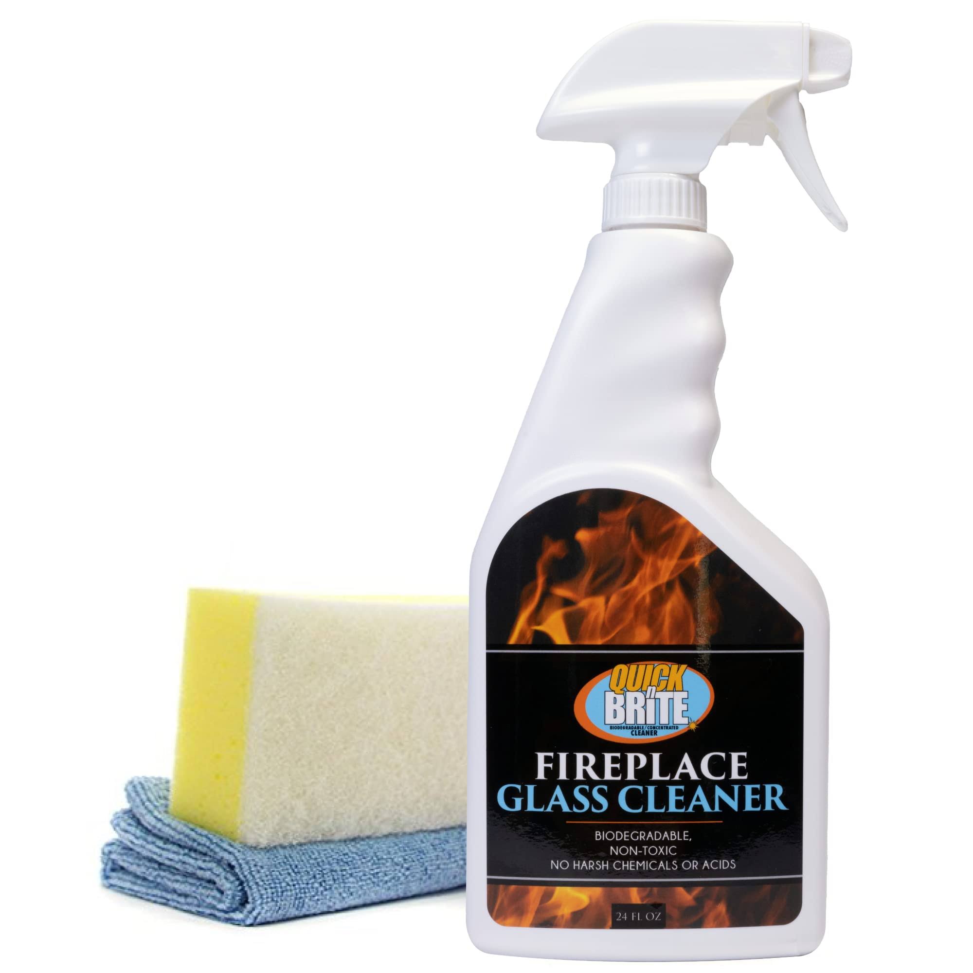 Quick N Brite Fireplace Glass Cleaner Kit with Cloth and Sponge, Removes Soot, Smoke, Creosote, and More, 24 oz, 1-Pack