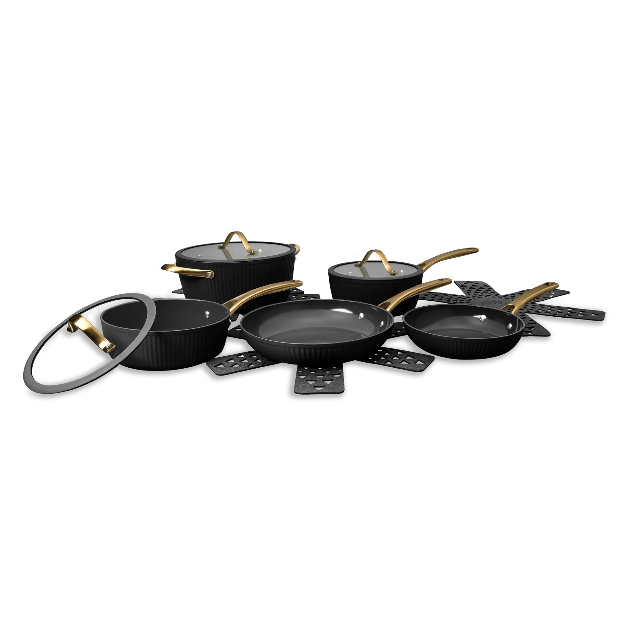 Thyme & Table 12 - Piece Nonstick Signature Ribbed Cookware Set, Pots and Pans Set - Black & Gold