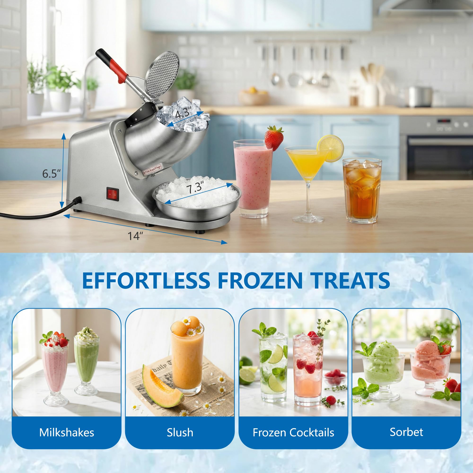 Electric Ice Crusher, Shaved Ice Snow Cone Machine, Silver | 300W 2000r/min Stainless Steel Blade