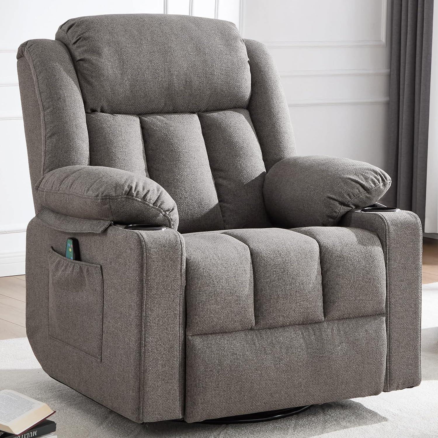 Rocker Swivel Recliner Chair for Adults, Overstuffed Large Manual Recliner Glider with Massage and Heat, Comfy Soft Fabric Living Room Reclining Sofa Chair (Smoked Gray)