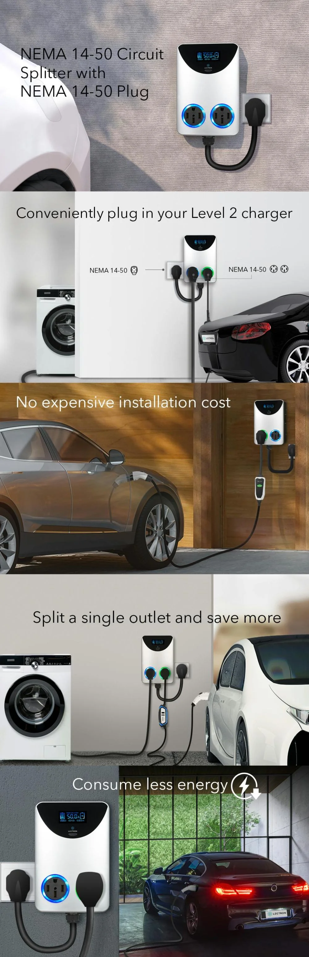 Lectron NEMA Socket Splitter - Power Your EV Charger and High - Powered Appliance from the Same Outlet (NEMA 14 - 50 to NEMA 14 - 50 / NEMA 14 - 50 Splitter)